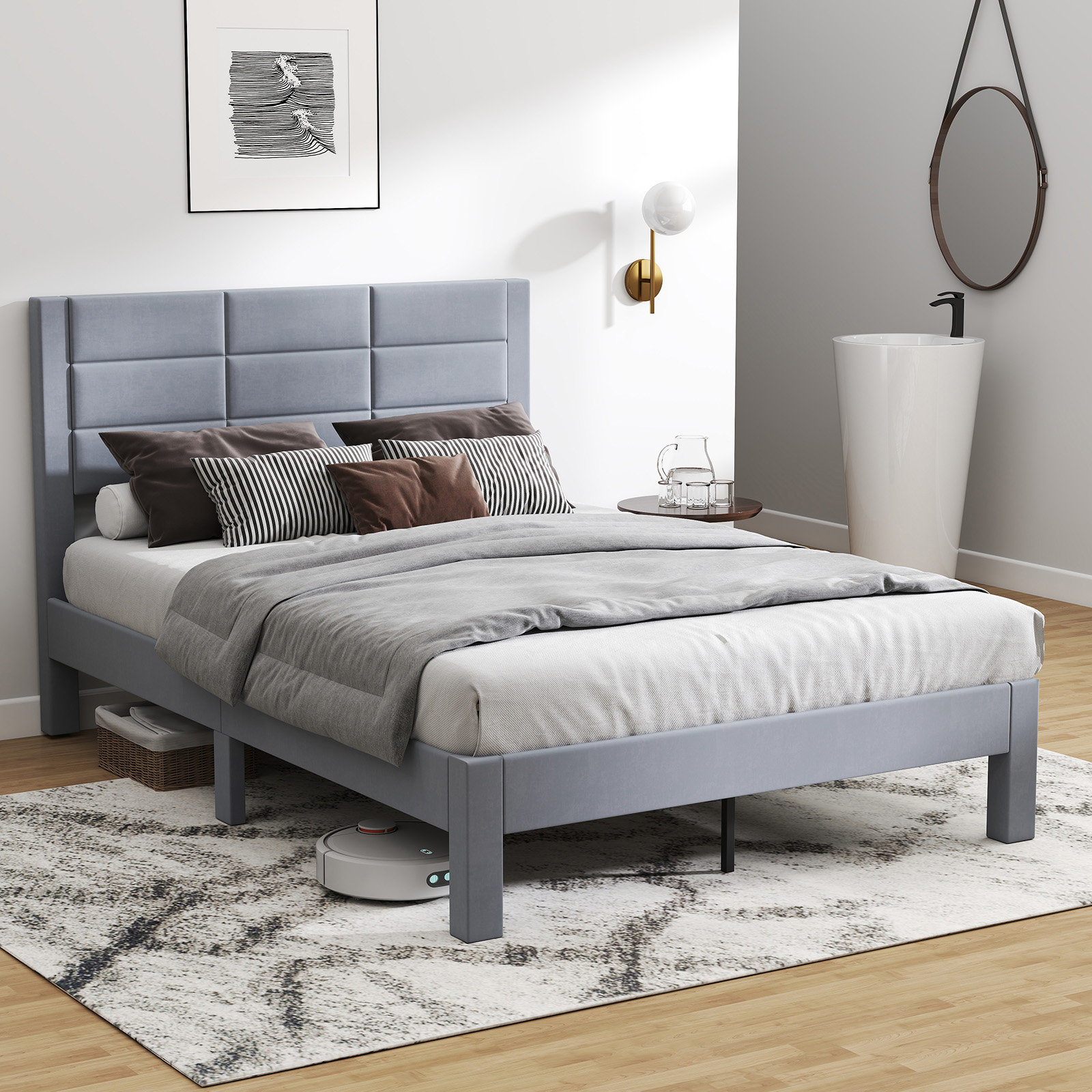 Upholstered Platform Bed, 200 X 140 Cm Double Bed Frame With Soft Velvet Fabric Headboard And Wood Slats Support, Spring Needed, Noise-free, Grey