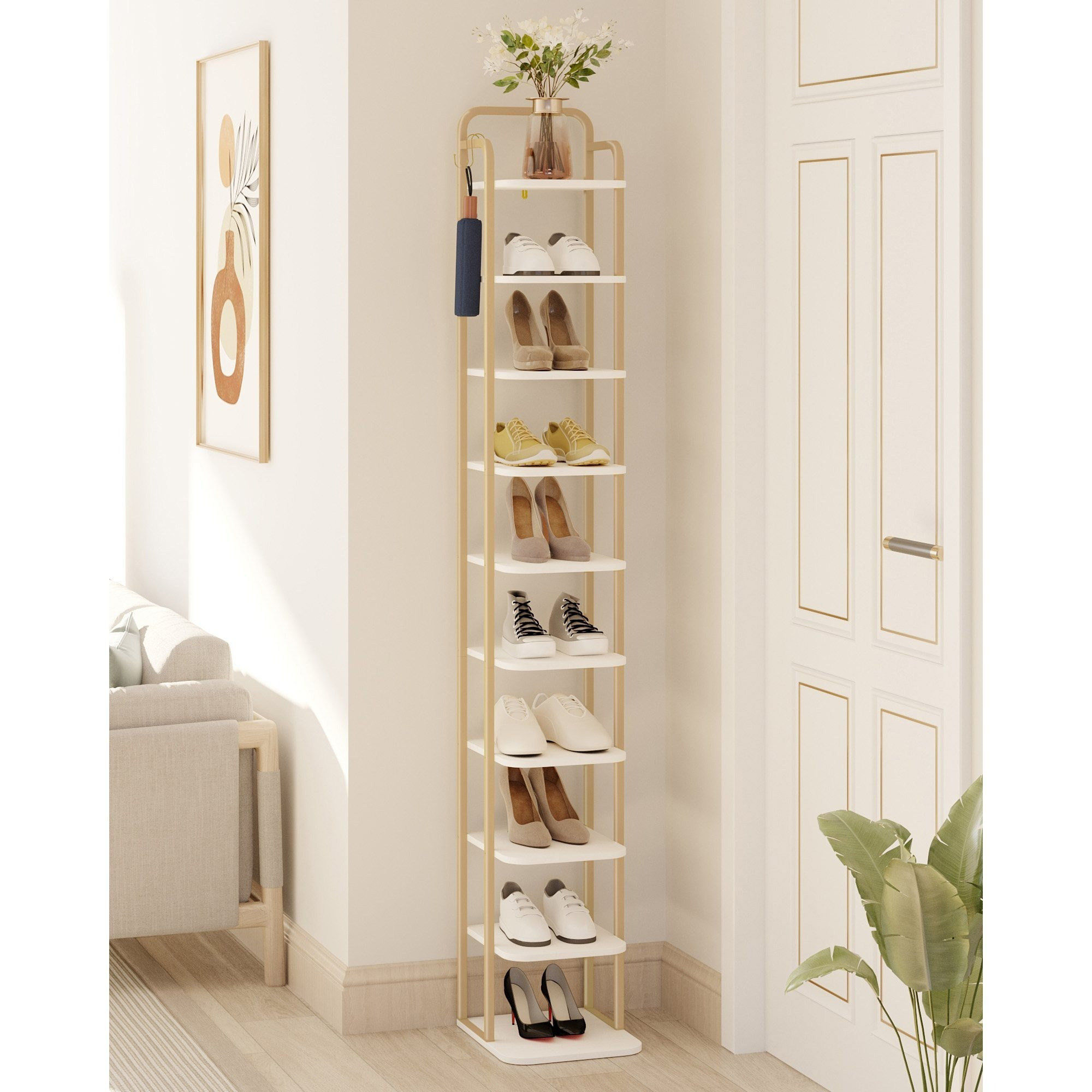 E-shop Vertikales Schuhregal, 10-Stöckige Schuhregale, Schuhturm für Kleine Räume, Freistehend, Verstellbar, Platzsparend
