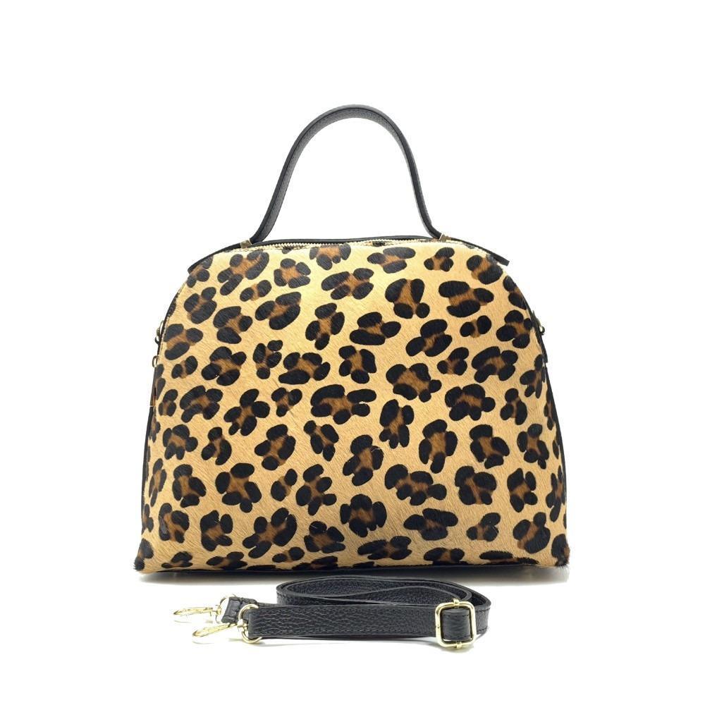 Handbag in Real Leather And Spotted Horsehide Made in Italy with Adjustable Shoulder Strap