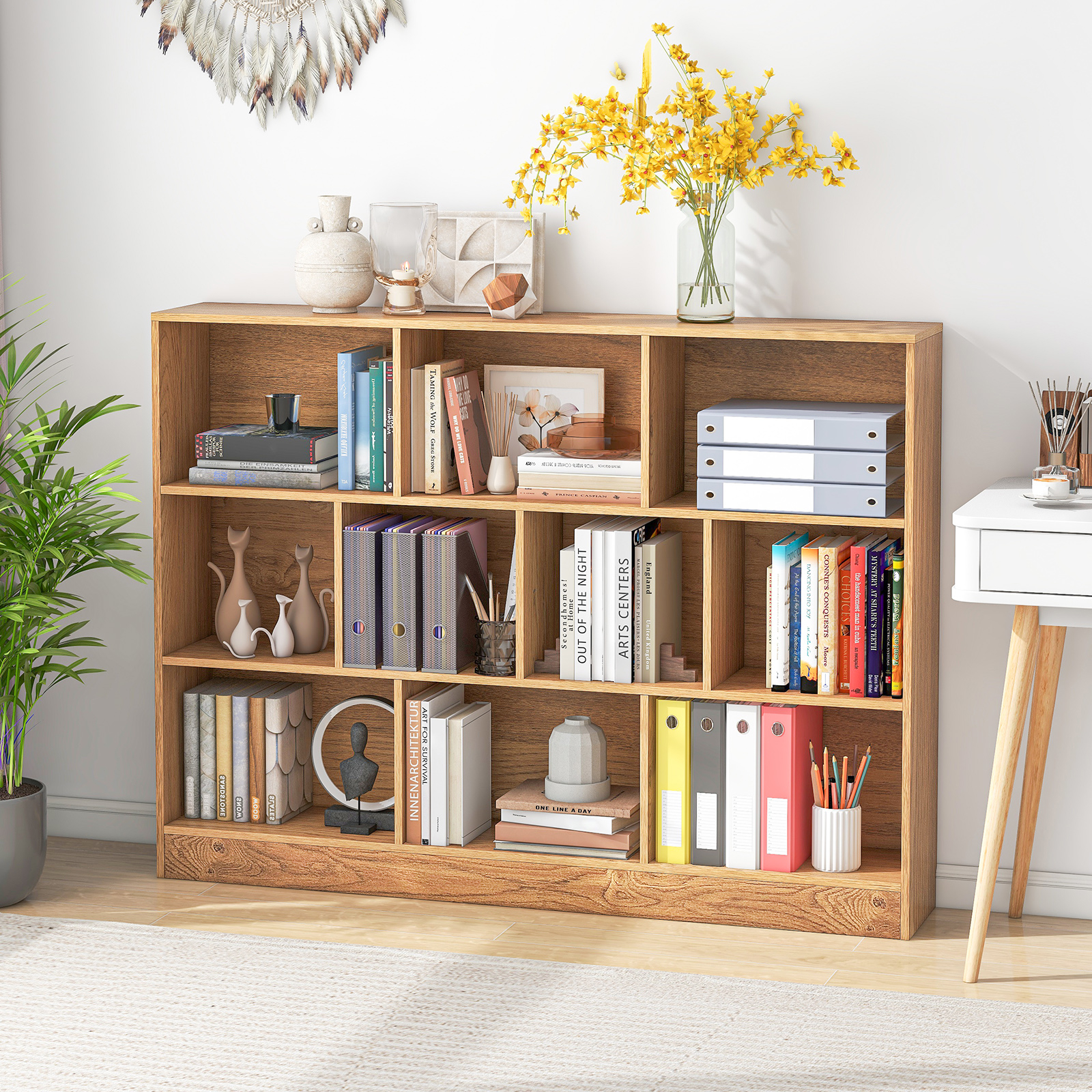 Bookshelf With 10 Compartments, Freestanding Storage Shelf With 3 Levels And 2 Tilt Protection Sets