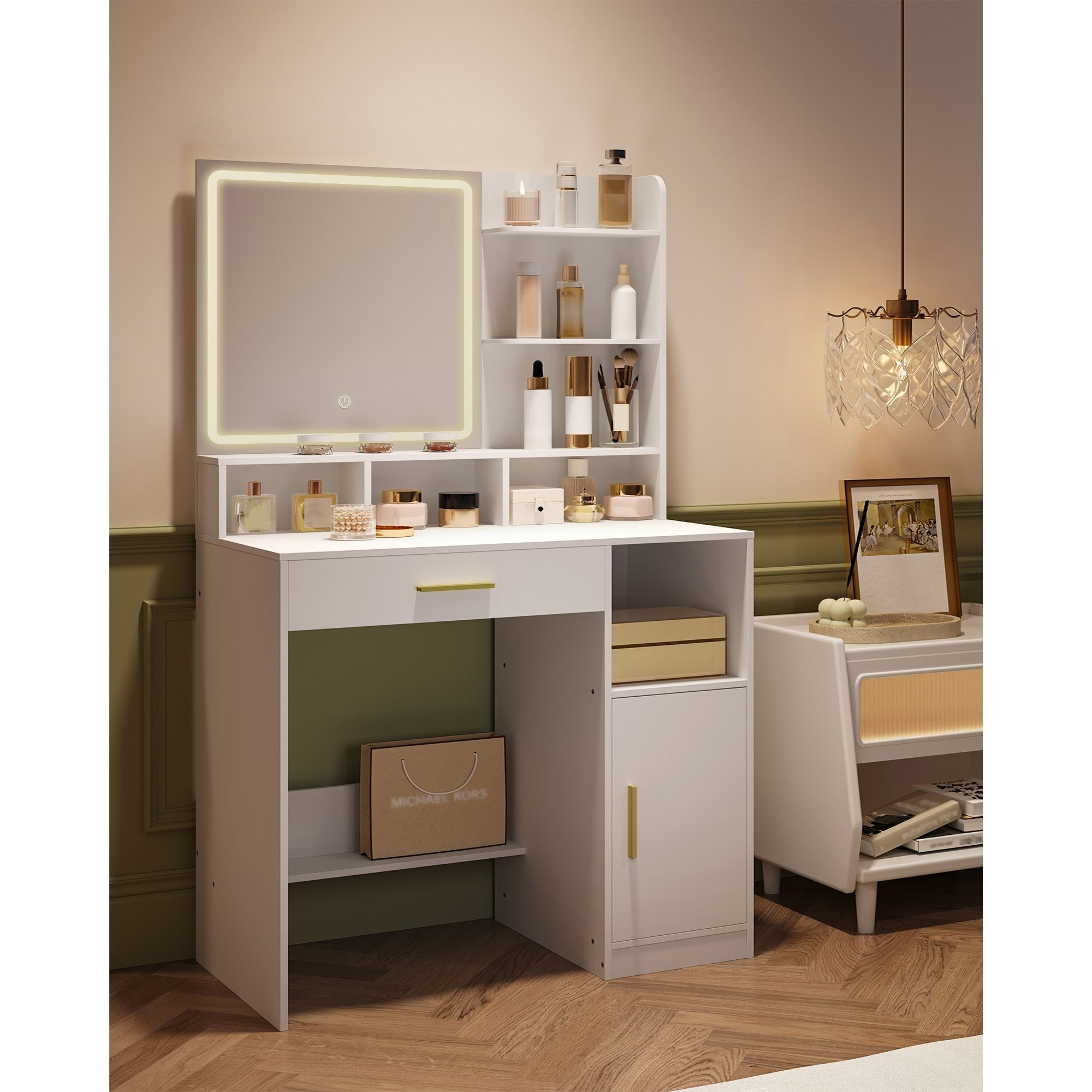 TEMU Coiffeuse avec et éClairage LED, 3 éTagèRes et 4 Compartiments , Grands Tiroirs et Rangements, 3 Niveaux D'Intensité RéGlables, Blanc