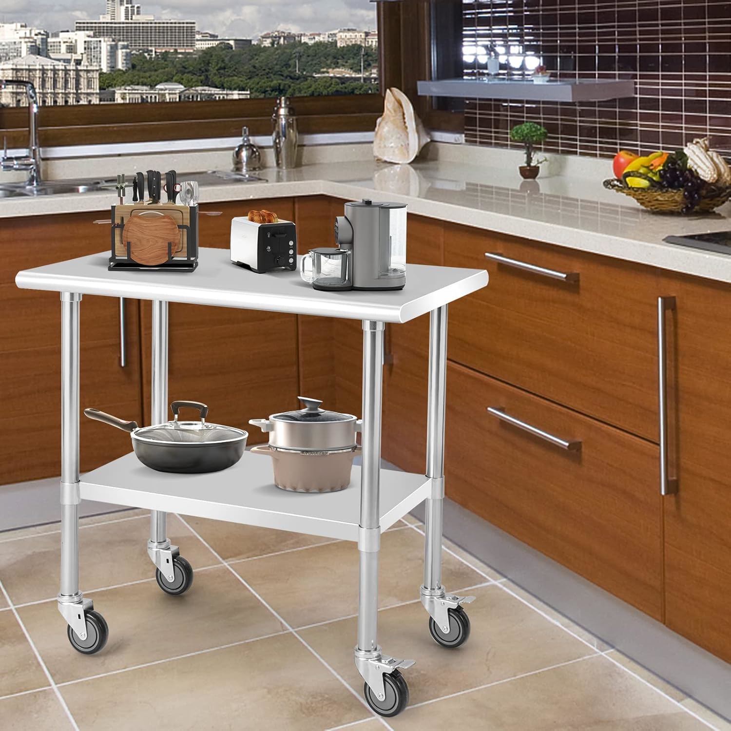 Stainless Steel Table, Food Preparation Table With Rollers, Adjustable Lower Shelf, Commercial Work Table For Restaurant