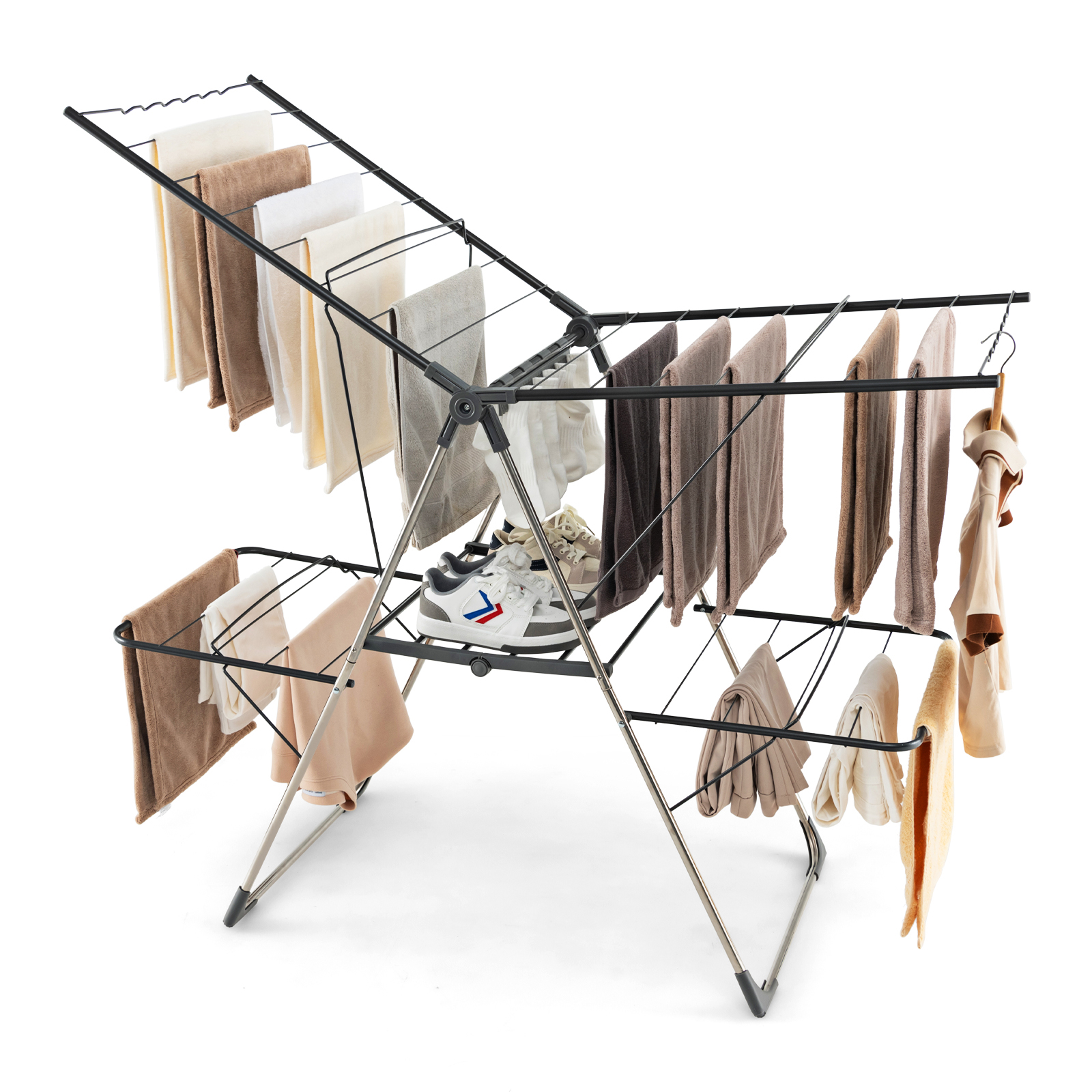 Image of 2-tier Clothes Drying Rack, Foldable Clothing Laundry Rack With 33 Drying Rails, Height Adjustable , Sock Clips, Wave-shaped Bars And Stainless Steel Legs, Indoor Outdoor Use