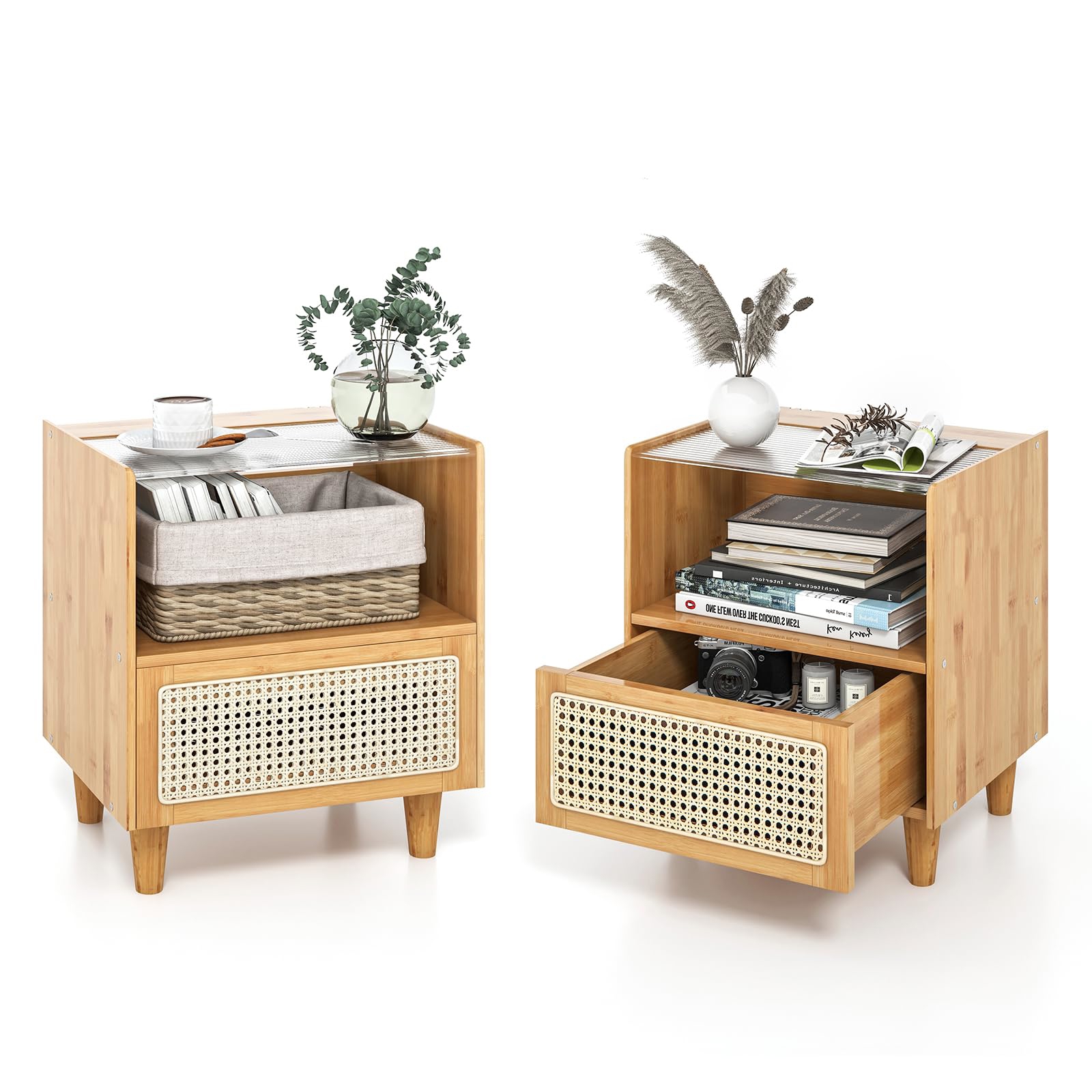 Image of Bamboo Rattan Nightstand, Boho Bedside Table With Drawer And Solid Wood Legs, End Table With Hidden Storage Space For Power Strip, End Side Table For Bedroom, Living Room, Natural