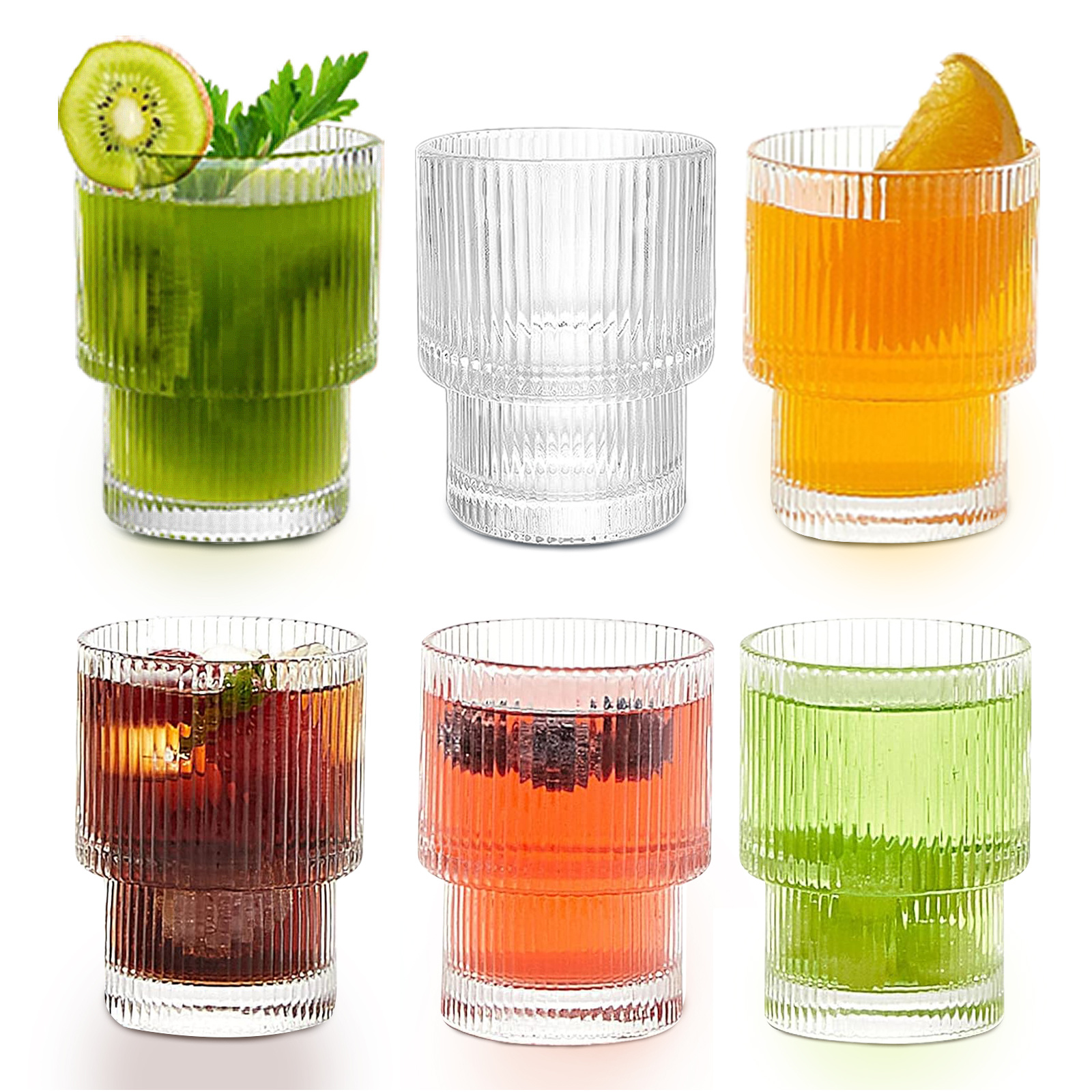 E-shop Gerippte Glasware 210ml gewellter Trinkbecher Eiskaffeebecher 6er-Set Retro-Trinkbecher Wasserbecher Rillenglasware Cocktailbecher niedlicher