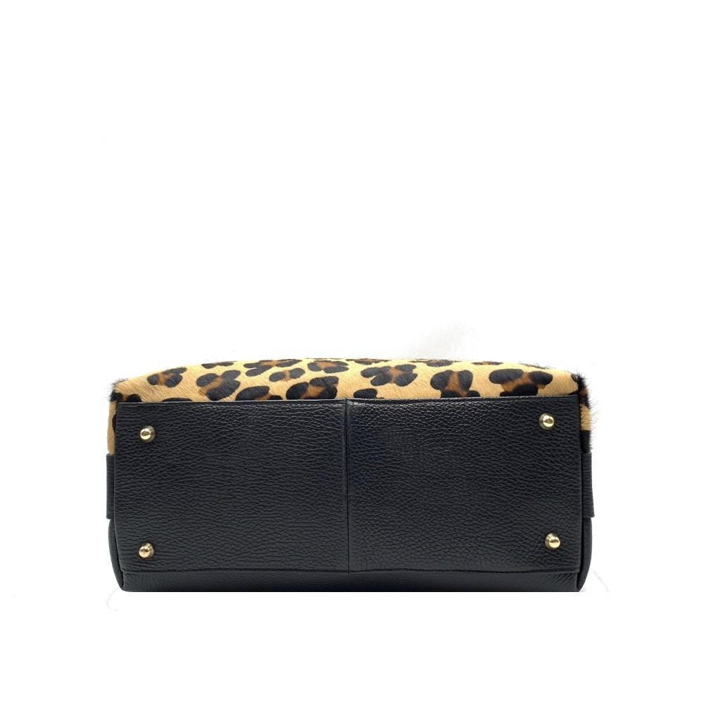 Handbag in Real Leather And Spotted Horsehide Made in Italy with Adjustable Shoulder Strap