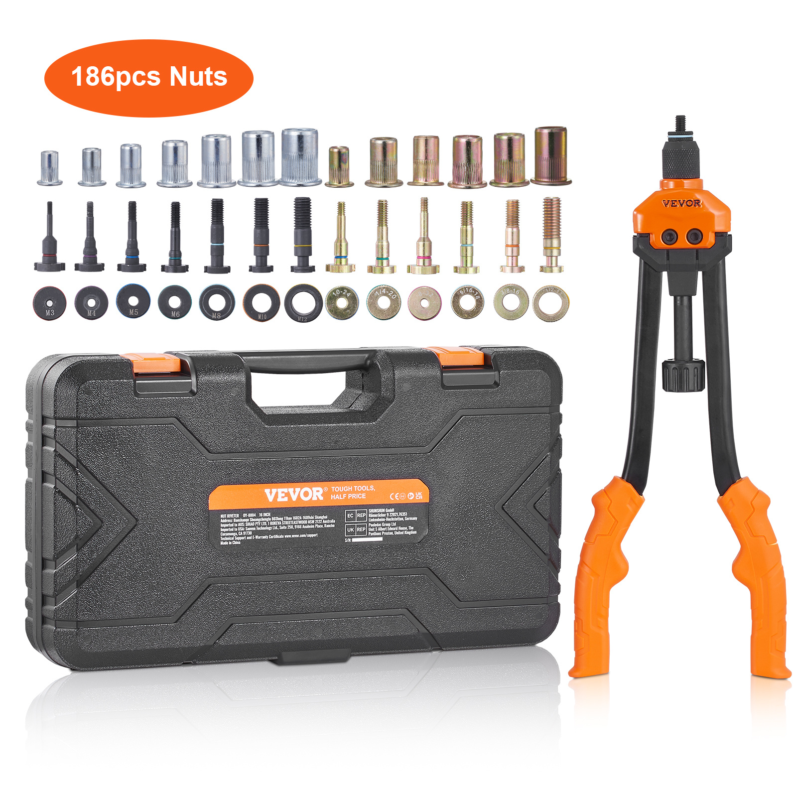 Image of Vevor Rivet Nut Tool, 40.6 Cm Rivnut Tool Kit With 13pcs Metric And Sae Mandrels, 186pcs Rivet Nuts, M3, M4, 10-24, M5, M6, 1/4, 8-32, 5/16-18, M8, 3/8-16, M10, M12, 1/2-13, With Carrying Case