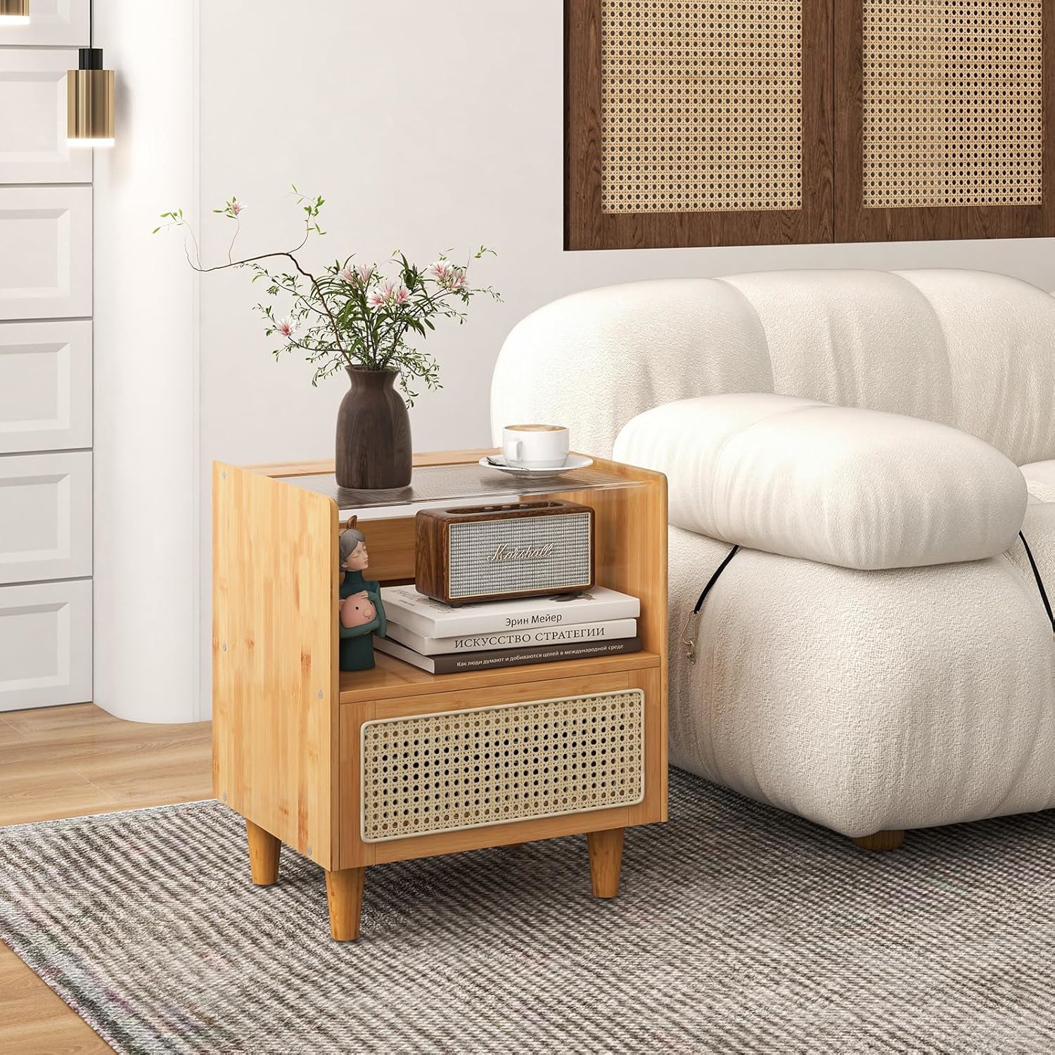 Bamboo Rattan Nightstand, Boho Bedside Table With Drawer And Solid Wood Legs, End Table With Hidden Storage Space For Power Strip, End Side Table For Bedroom, Living Room, Natural