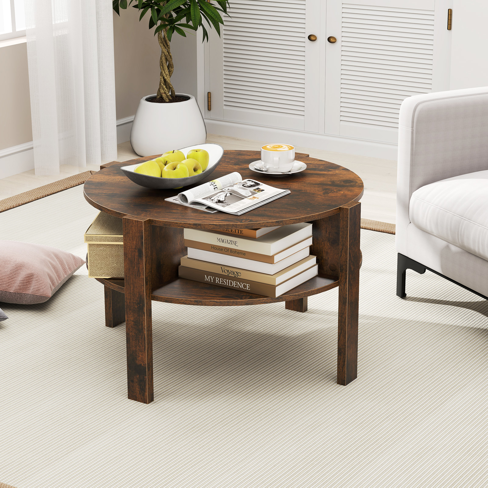 Image of 2-tier Round Coffee Table W/ Storage, 74.5cm Tea Cocktail Table W/ 4 Shelves, Home Accent Table W/ Wooden Top, Round Side Table For Living Room, Reception Room