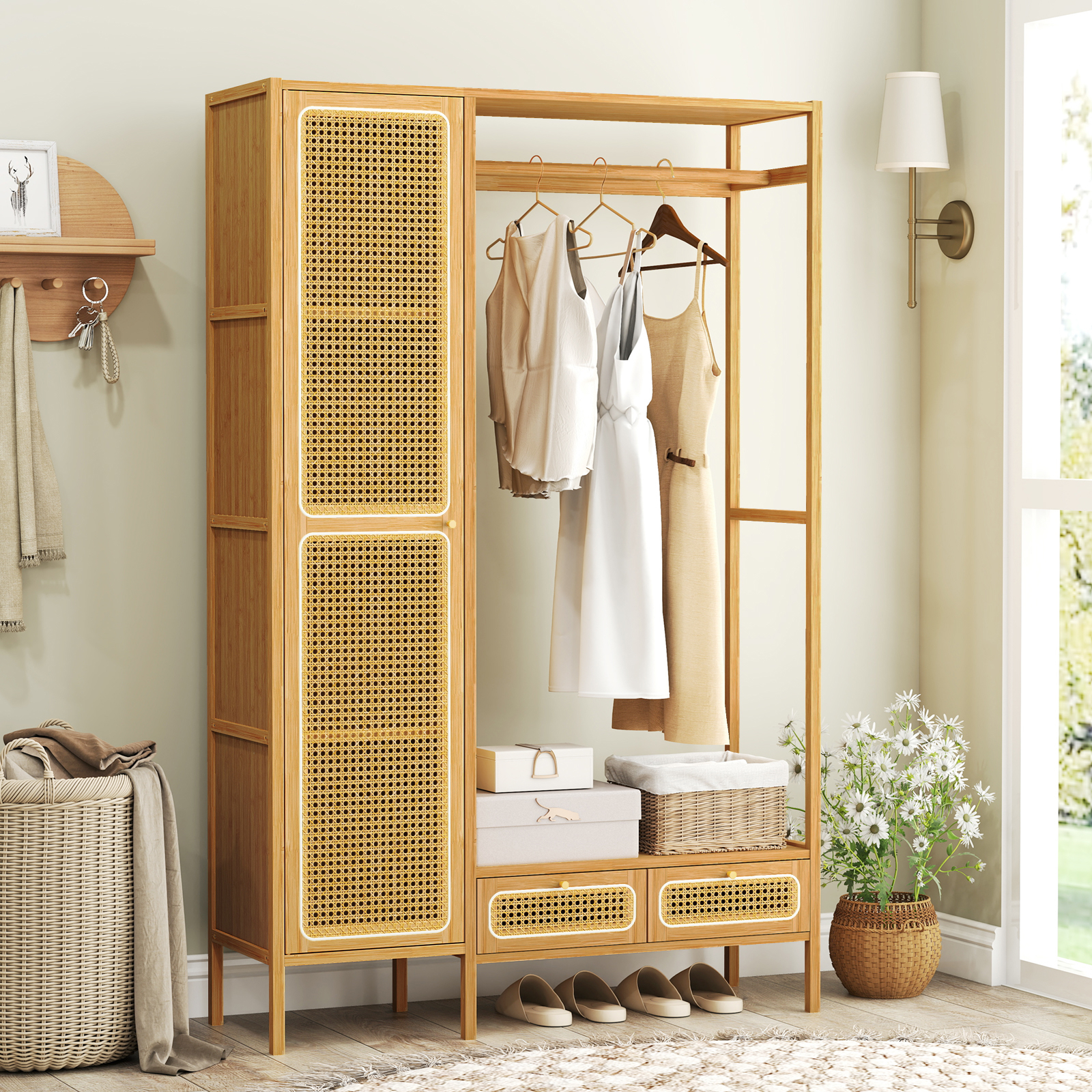 Bamboo Wardrobe, Freestanding Clothes Rack, Space- Wardrobe, Versatile Storage, 2 Drawers, 1 Triangle And 4 Shelves With Door