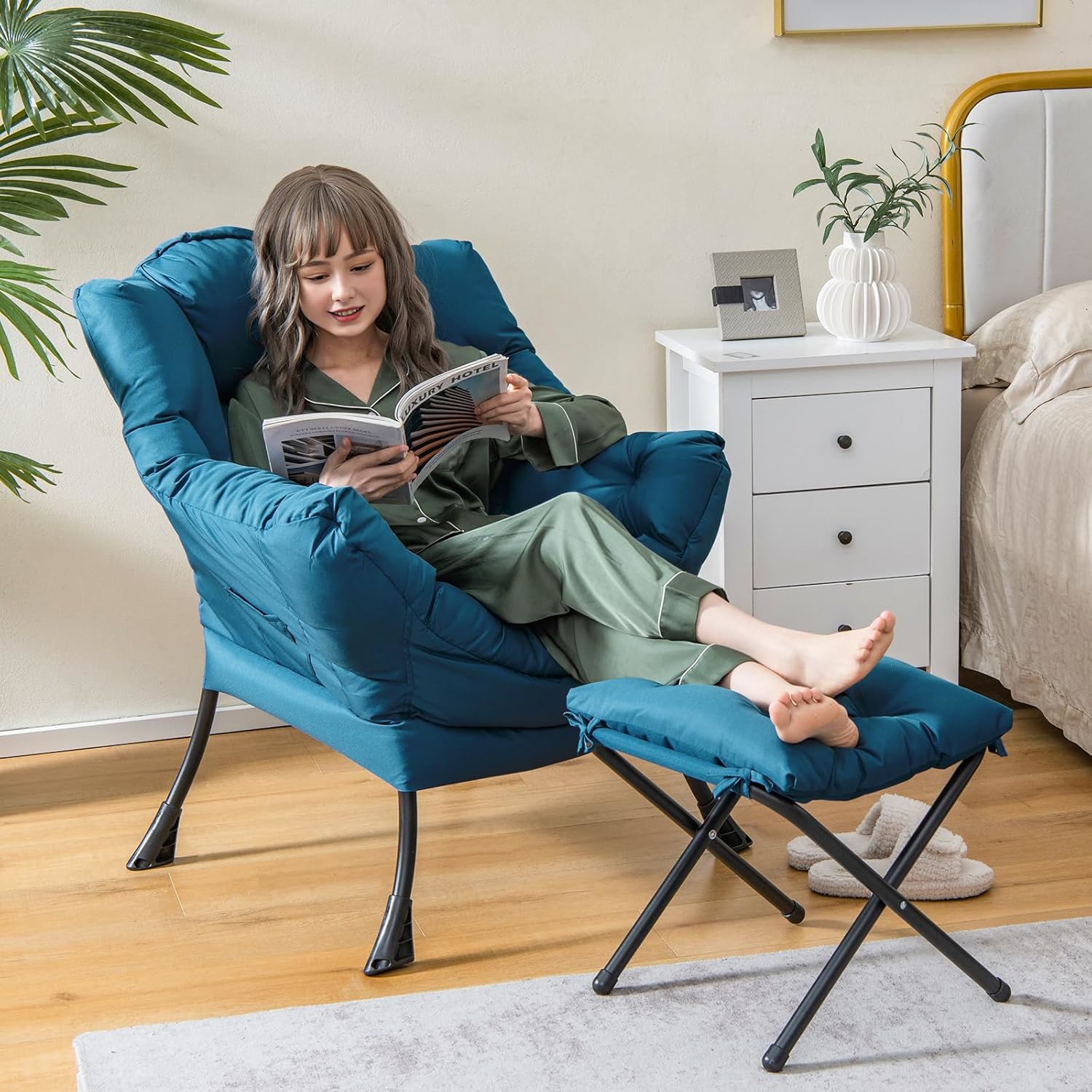 Image of Lazy Chair With Foldable Ottoman, Modern Lounge Accent Chair With Armrests And Side Pocket, Leisure Sofa Armchair With Ottoman, Reading Chair With Footrest For Living Room, Bedroom And Dorm, Blue