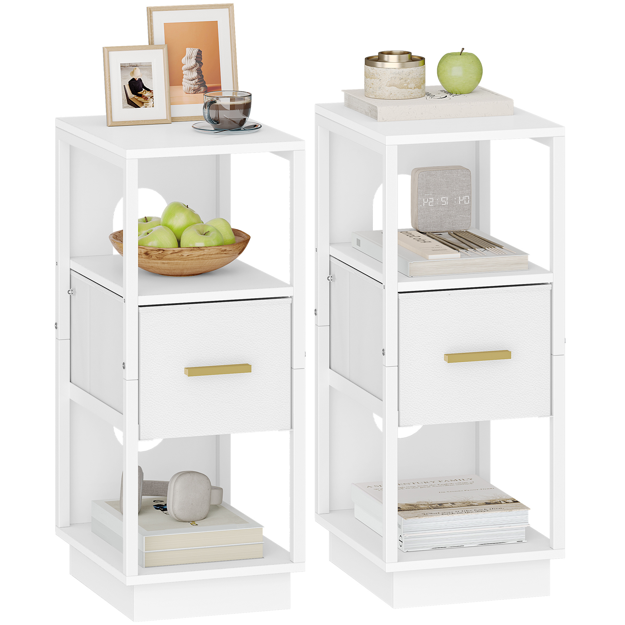Image of Nightstand 2-piece Set, Side Table With Open Compartment, Slim Nightstand With 1 Fabric Drawer, Modern, For Bedroom, Living Room, 30 X 24 X 60 Cm