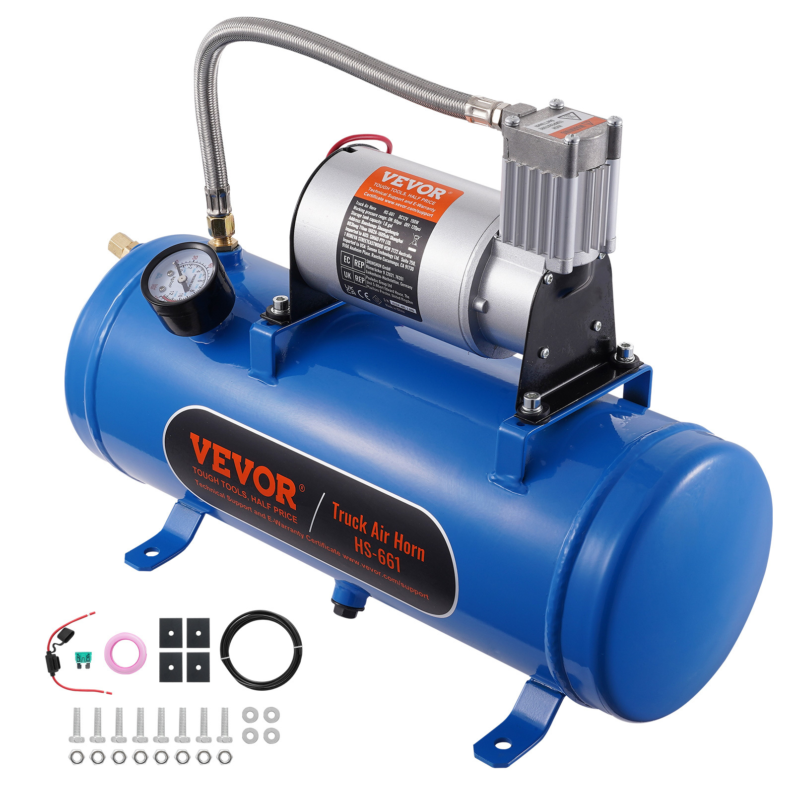Image of Vevor 12v Air Compressor With Tank 1.6 Gallon/6 L, Train Horn Air Compressor, 120 Psi Working Pressure Air Compressor System For Train Air Horns, Inflating Tires, Air Mattresses