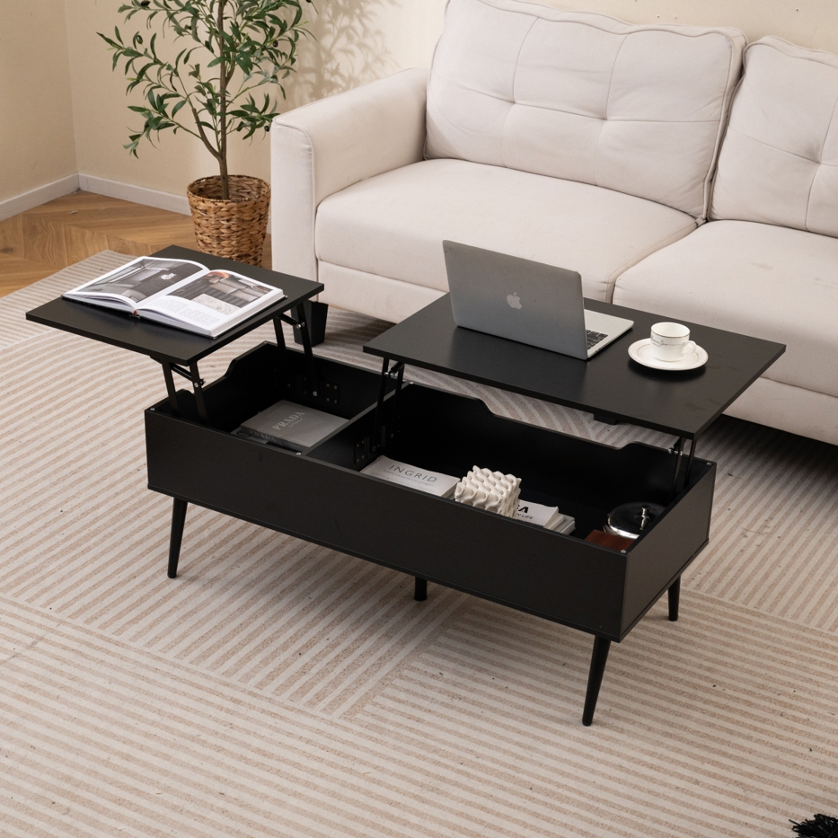 Image of Lift Top Coffee Table, Modern Center Table With 2 Hidden Storage Compartments, Work Table With Metal Legs For Living Room, Office, 111 X 48 X 40-53,5 Cm, Black