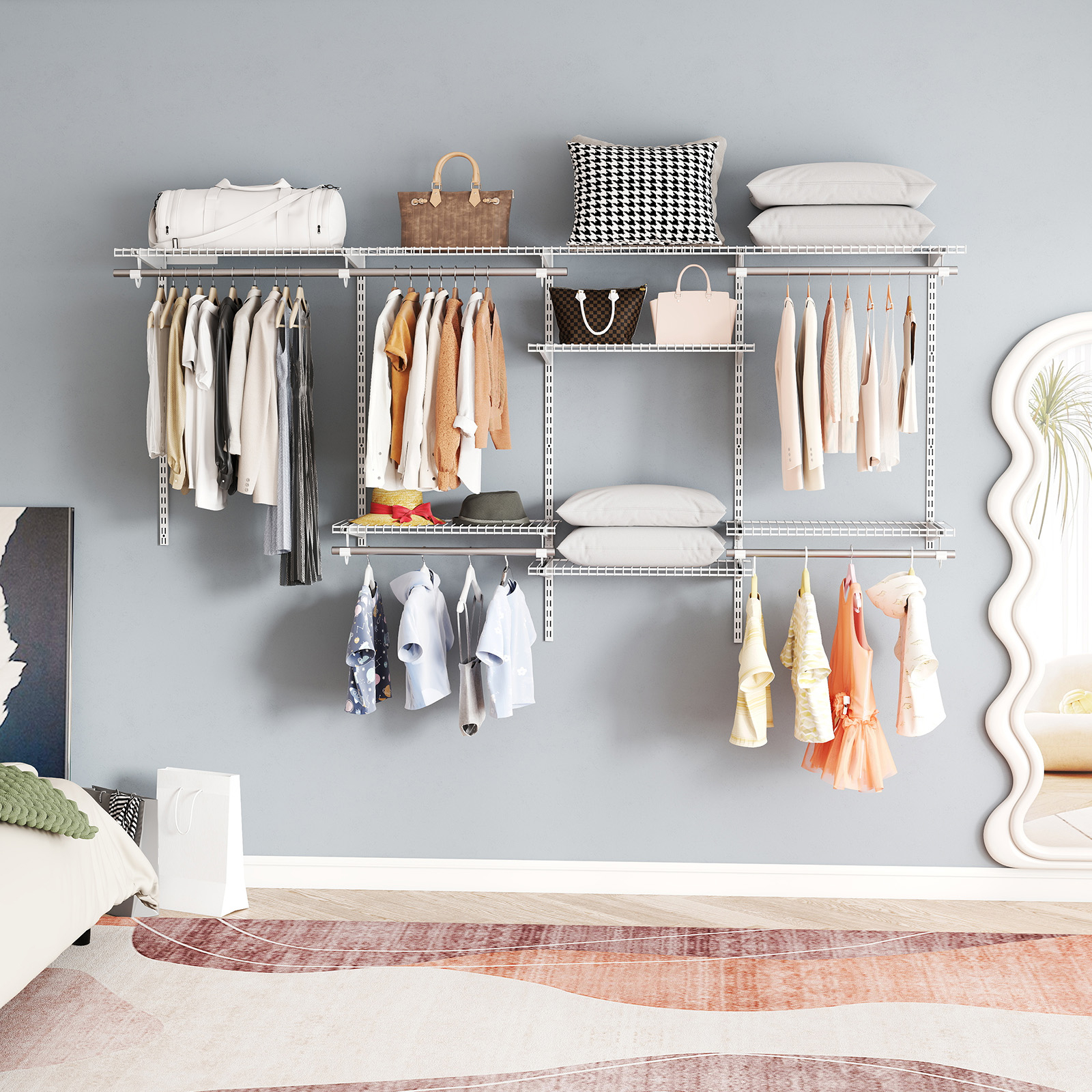 Image of Closet Organizers And Storage System, 4-8 Ft Wall-mounted Closet Shelves And Rod, Adjustable Closet Organization W/ Hanging Rod, Diy Expandable Modular Metal Wire Shelving For Laundry Bedroom