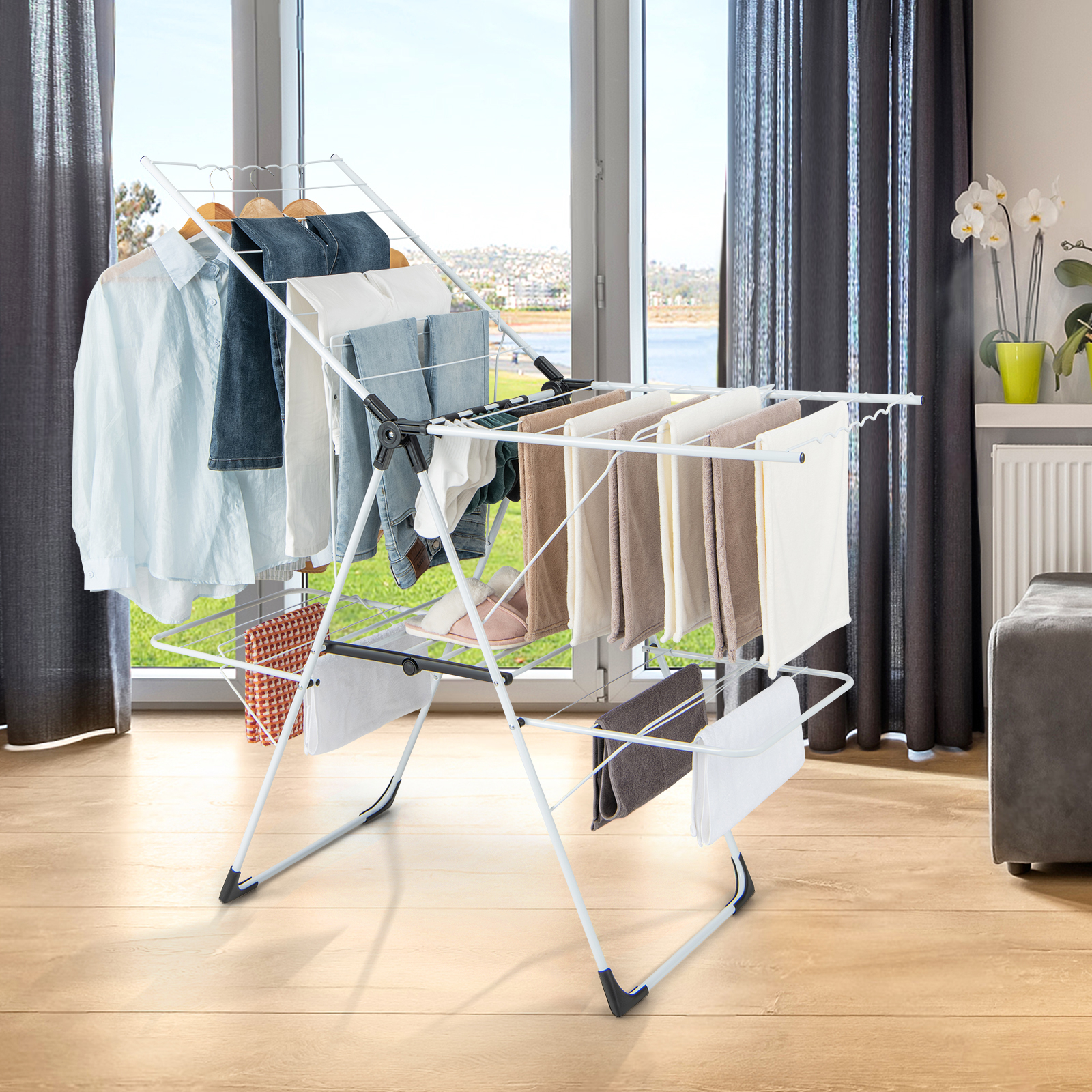 2-level Laundry Drying Rack, Foldable Clothes Drying Rack With Height Adjustable Wings, 33 Drying Rails & Sock Clips, Freestanding Gullwing Garment Stand For Indoor And Outdoor Use