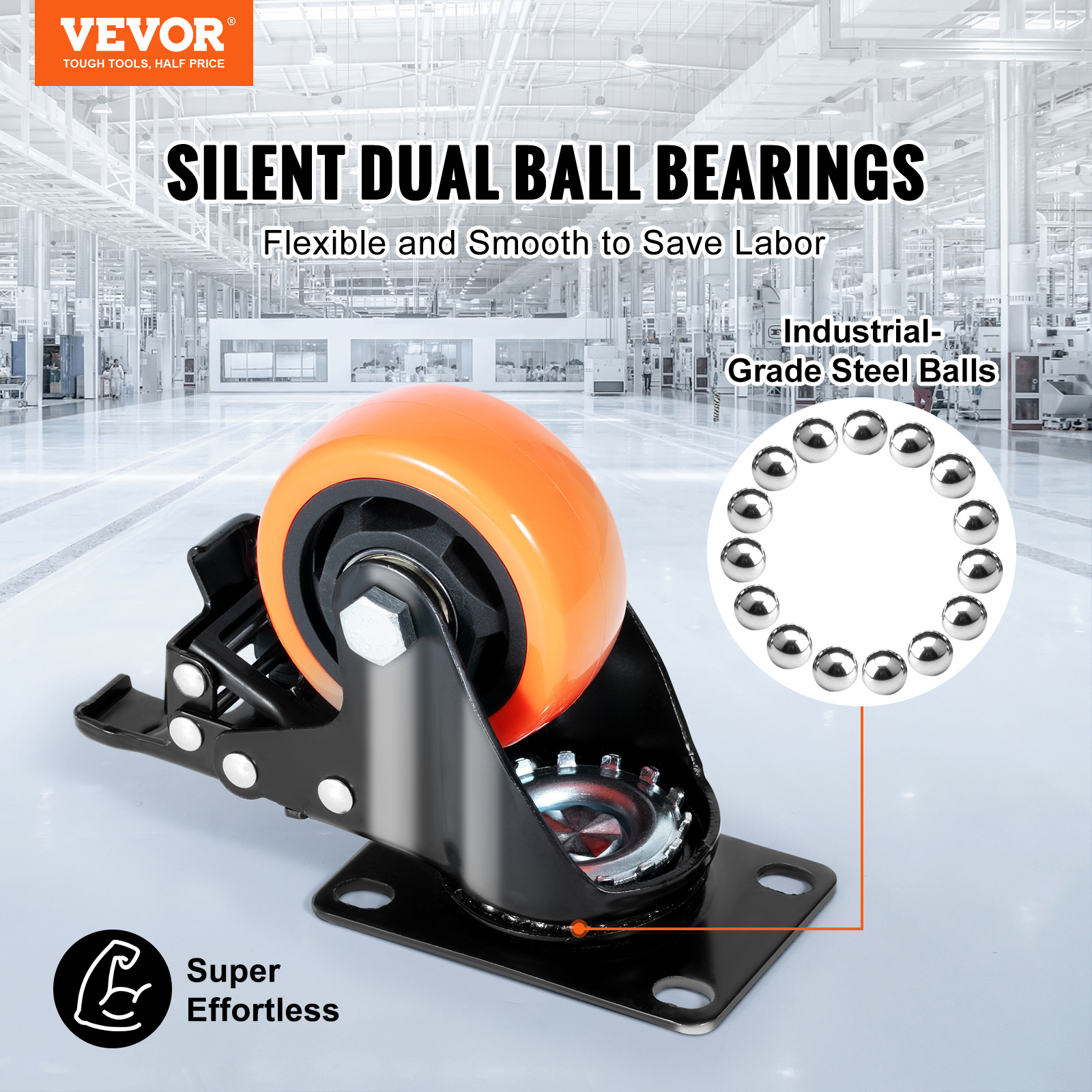 Image of Vevor Caster Wheels, 7.6 Cm Swivel Plate Casters, Set Of 4, With Security A/b Locking No Noise Pvc Wheels, Heavy Duty 113.4 Kg Load Capacity Per Caster, Non-marking Wheels For Cart Furniture Workbench