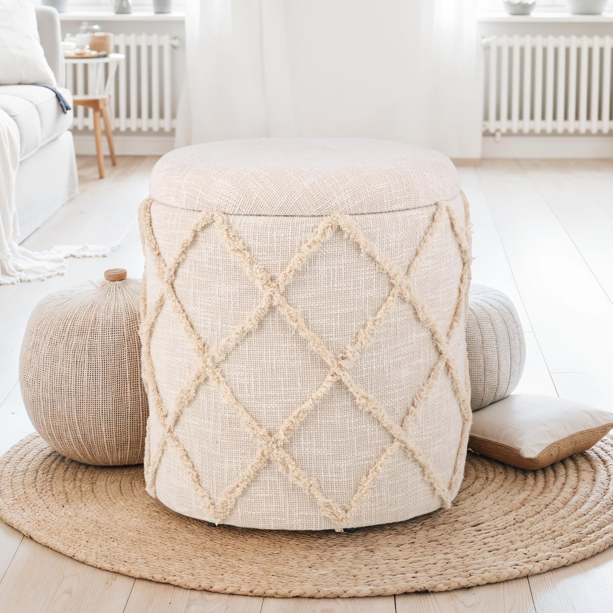 Image of Ottoman With Storage Around 40x40x45 Cm, Upholstered Stool Creambohemian Design, Stool With Removable Lid & Storage Compartment, Fabric Decorative Stool For Living Room, Bedroom & Hallway