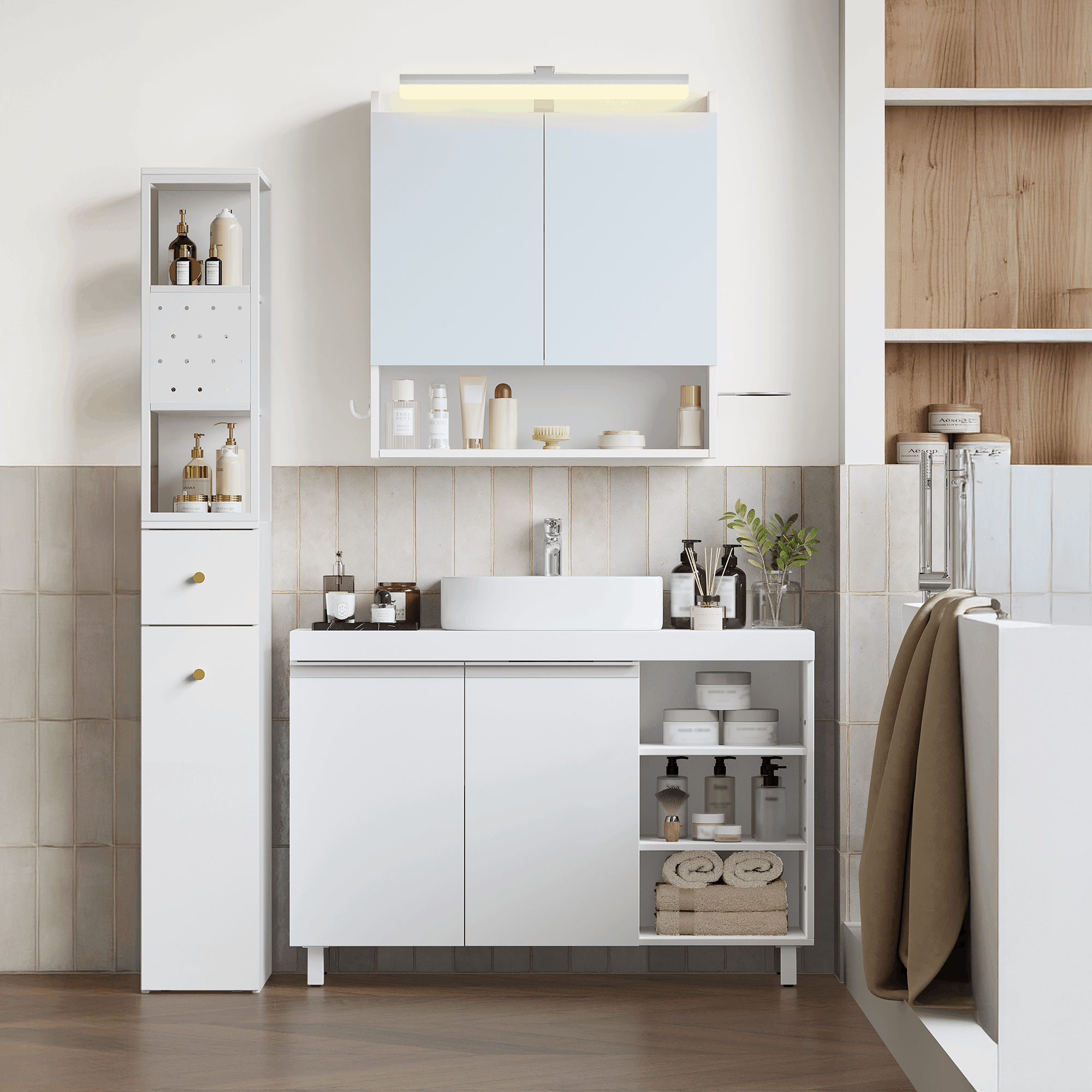 E-shop Waschtischunterschrank, Badezimmerschrank, Badezimmer Unterschrank, 2 Türen, 3 offene Fächer, 4 verstellbare Ablagen, freistehender