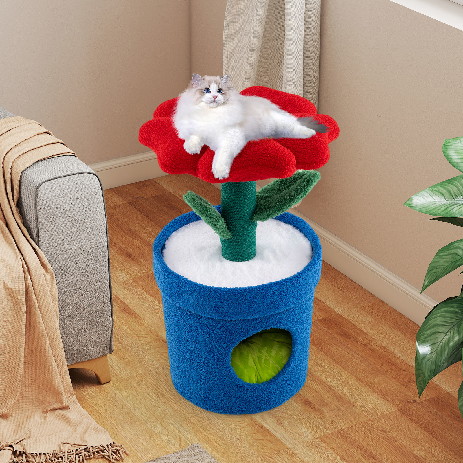 Indoor Cat Tree, Cat Tower With Flower Shaped Padded Hanger, Pin, Niche With Pillow