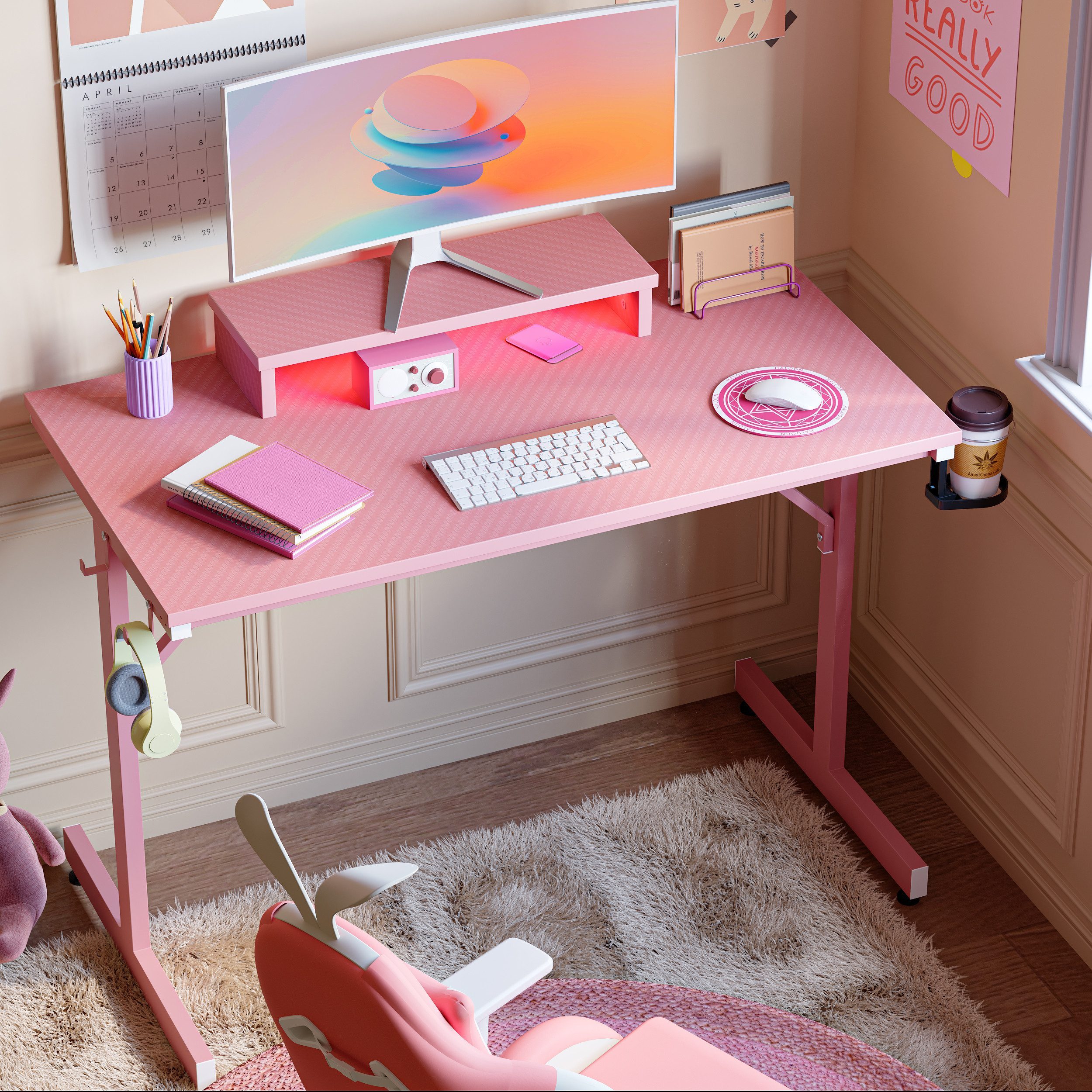41-inch Large Pink Double-layer Computer Desk, Multi-functional Home Computer Desk, Carbon Fiber Surface, Stable Gaming Computer Desk With Headphone Hook And Cup Holder, Simple Furniture