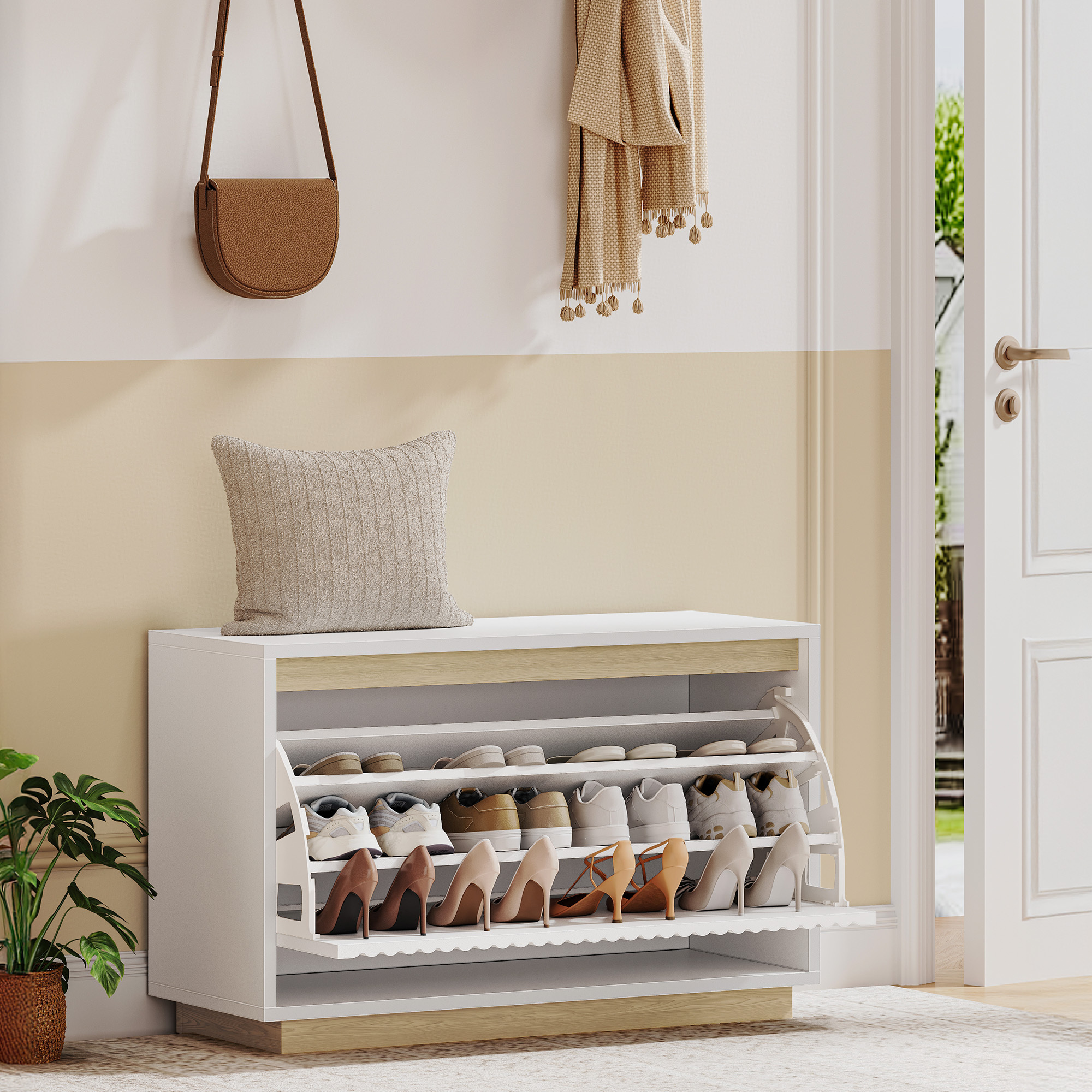 Image of Shoe Bench With Seating Area, Shoe Cabinet With , Space- Shoe Rack, 12 Compartments, Removable Shelves, Living Room, Hallway, Entrance, 30 X 75 X 53 Cm, White