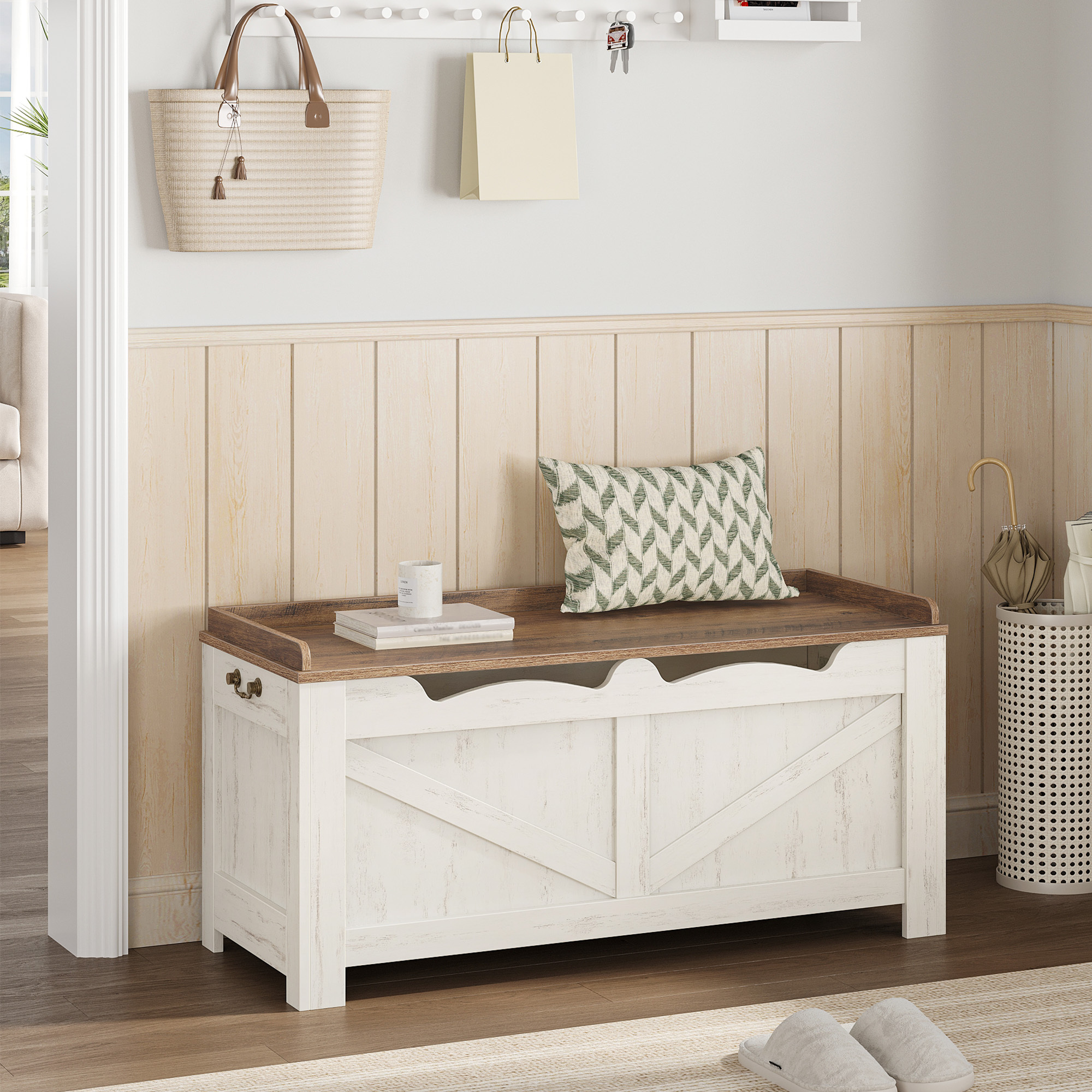 Image of Shoe Bench, Bench With Storage, Seat Chest, 2 Safety Hinges, Storage Cabinet, 40 X 100 X 48 Cm For Hallway, Living Room, X Stable Frame With Canopy, .