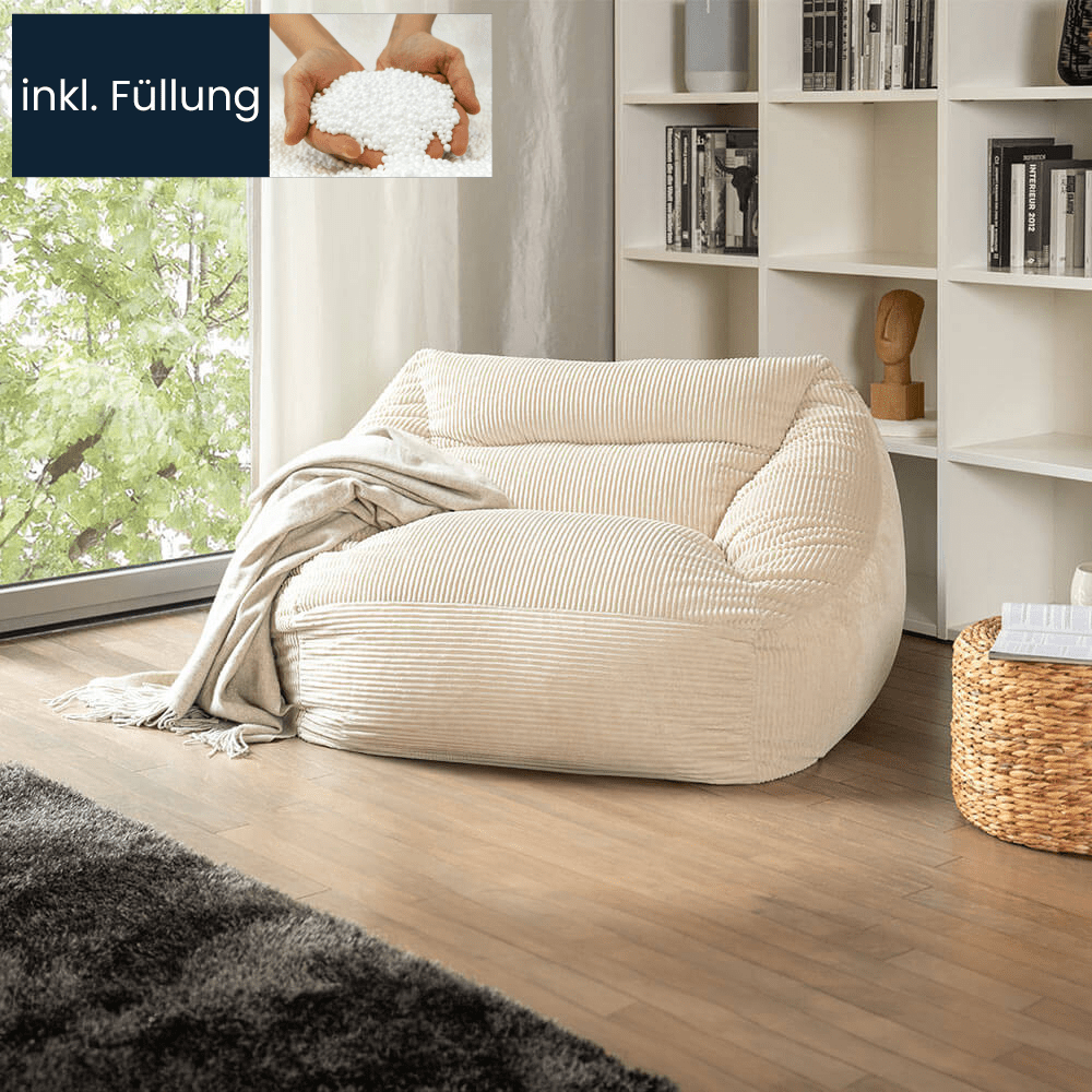 E-shop - Sitzsack COZY - Samt Cord - Maße: 100 x 88 x 80 cm, inkl. Füllung I Sitzmöbel Bean Bag Sitzsäcke Wohnzimmer Schlafzimmer Sitzsack mit Füllung