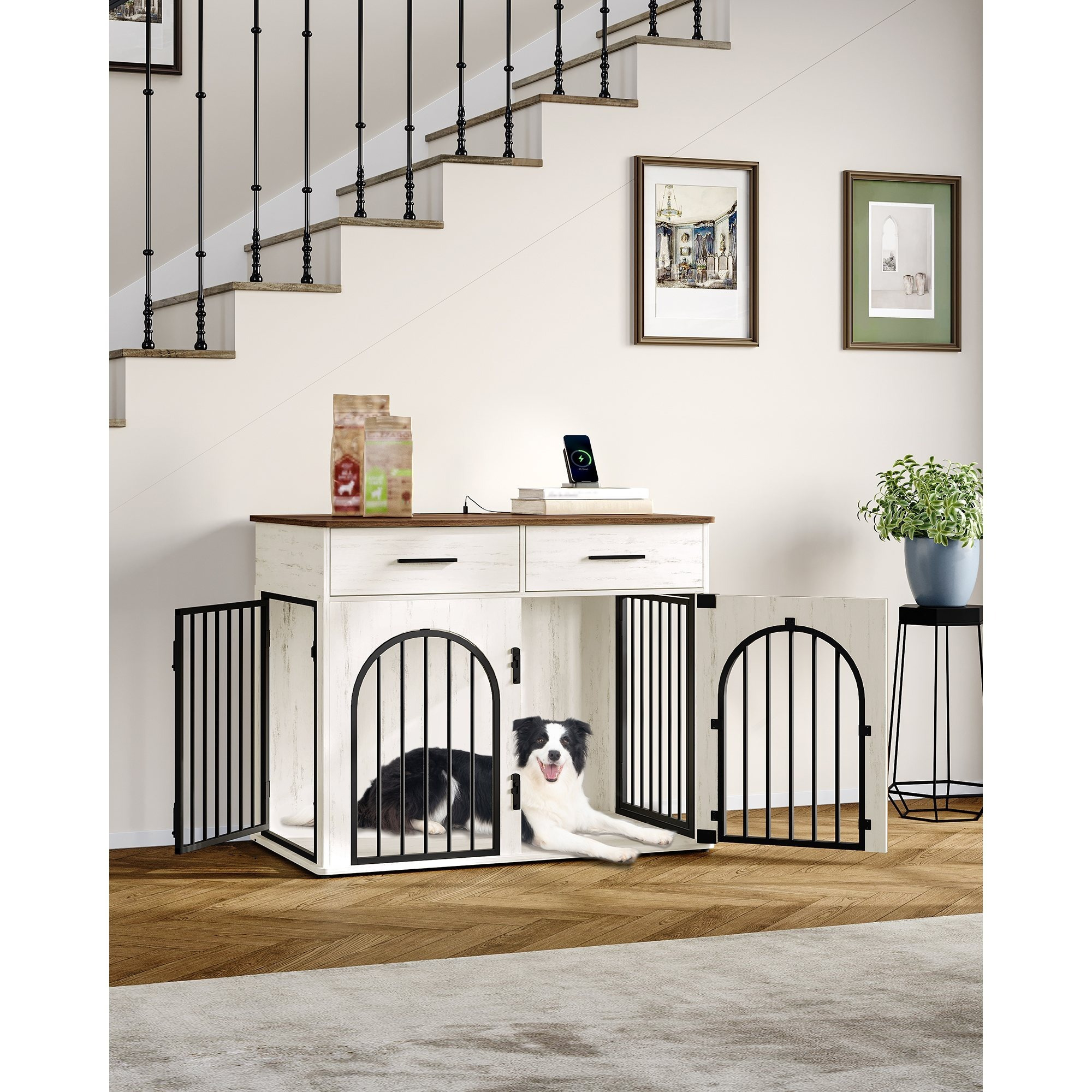 100 Cm Dog Cage Furniture With 2 Drawers, Indoor Dog Crate With Charging Station, Wooden Dog Box Side Table, Dog Cage For Medium/large Dogs
