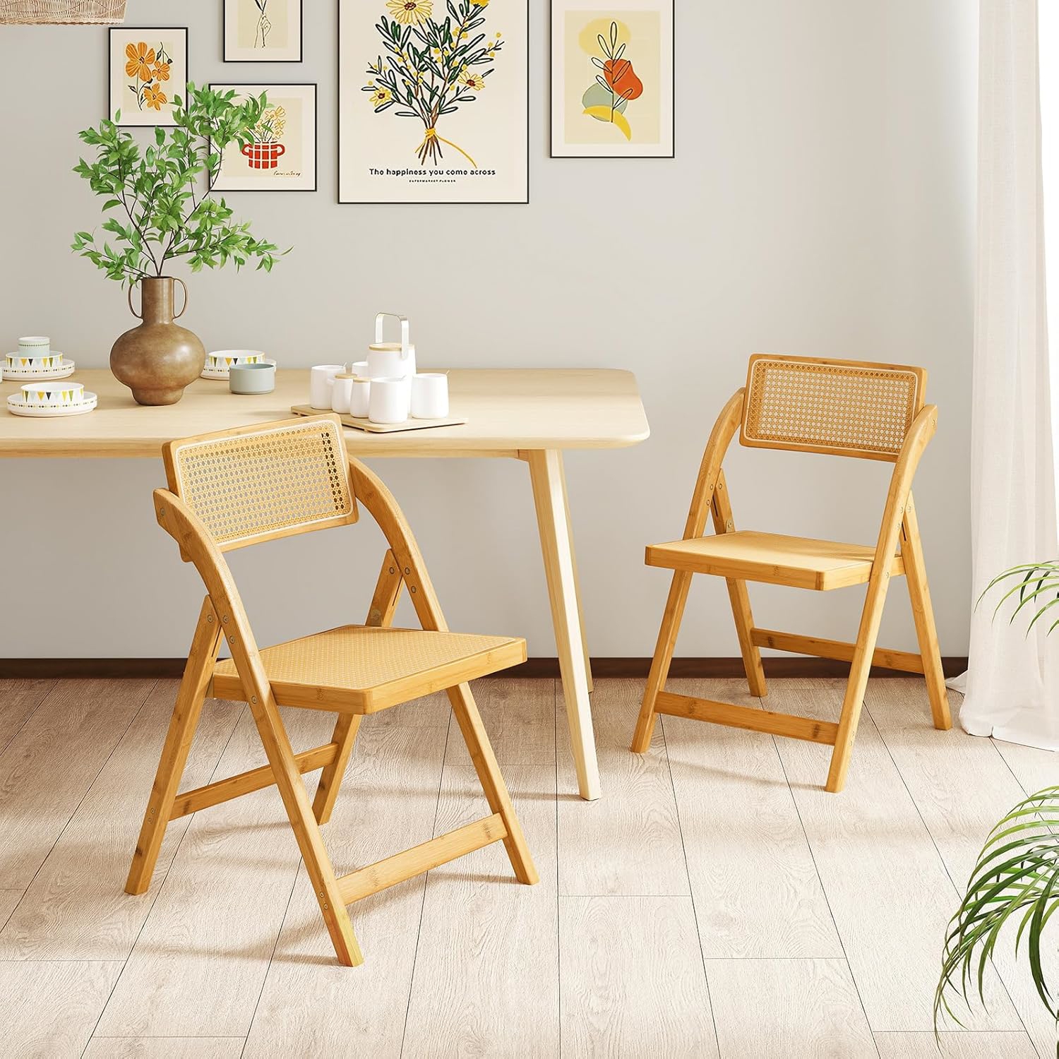 Rattan Cane Folding Chairs Set Of 2, Bamboo Dining Chairs, Kitchen Side Chairs With Rotatable Backrests, Boho Accent Chairs With 330lbs Capacity, No , Natural