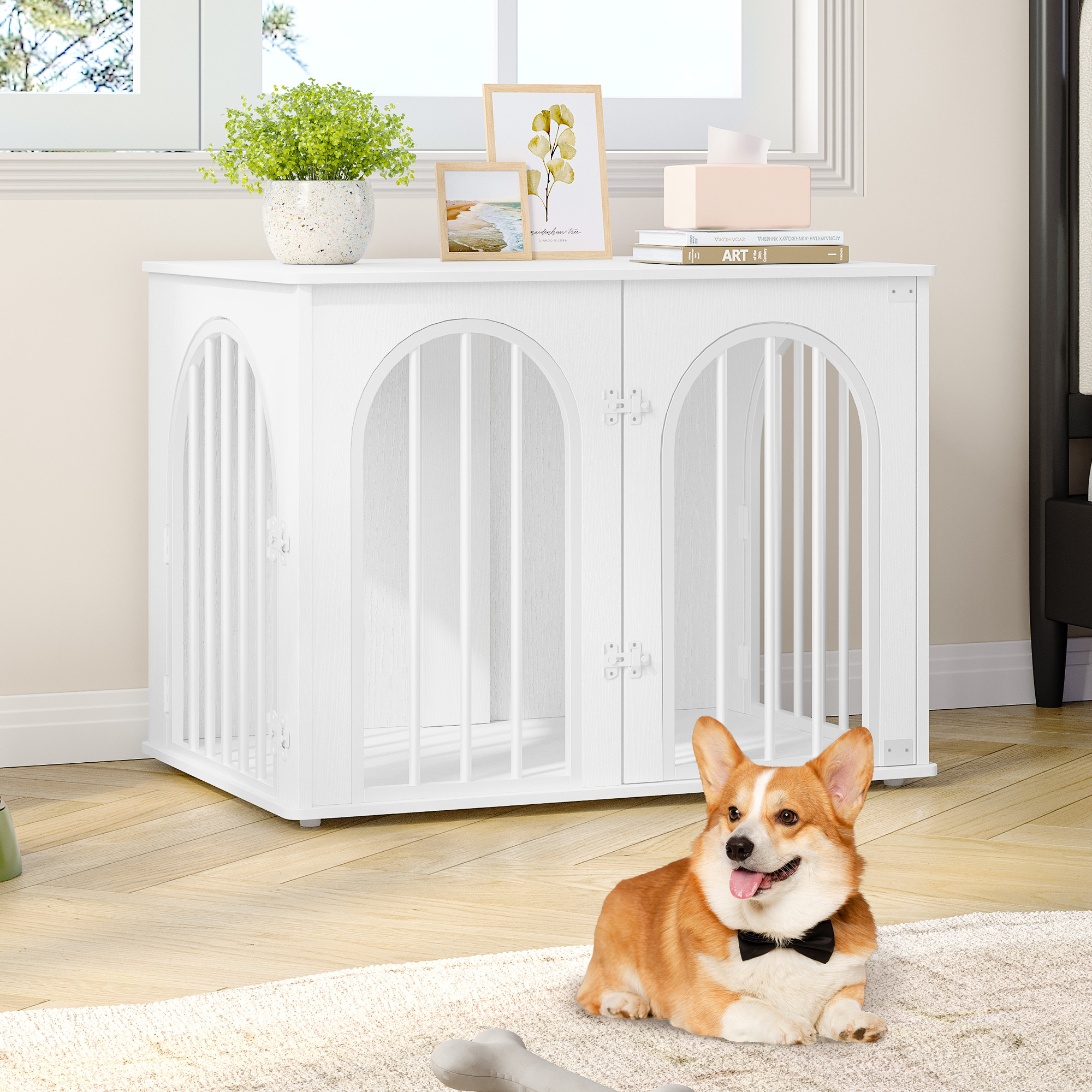 Dog Cage Furniture, 80cm Dog Box For Home, 3 Doors, Arched Door, Modern Indoor Dog Box For Dogs, Side Table, Heavy-duty Dog Cage, 56 X 80 X 61 Cm, White