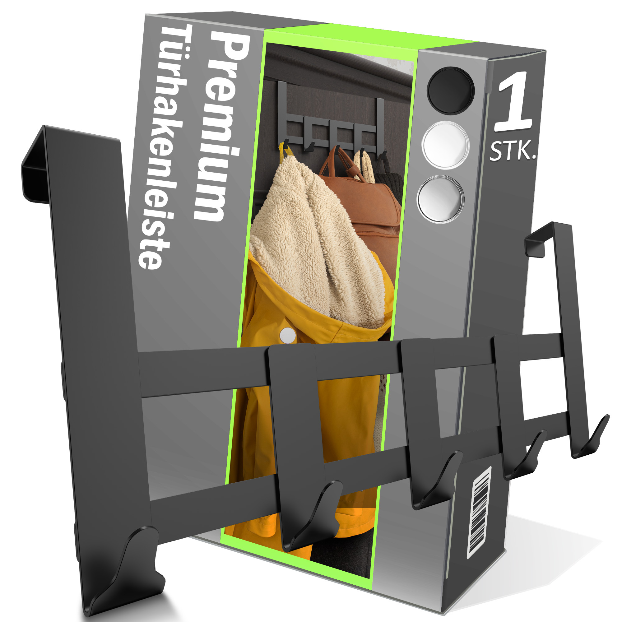 TEMU Lindenstein Premium Türgarderobe Edelstahl - 4/5 Haken (Weiß/Schwarz/Silber) | Hochbelastbare Kleider- & Handtuchhaken | Formstabile Hakenleiste