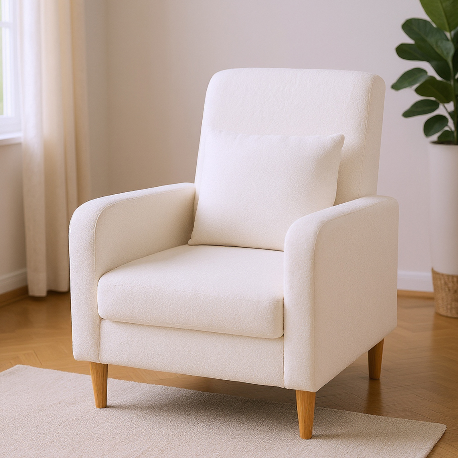 Image of Accent Chair, Modern Upholstered Sofa Chair With Lumbar Pillow, Teddy Fleece Cover, Rubber Wood Legs, Comfy Reading Chair, Single Sofa Side Chair For Living Room, Bedroom