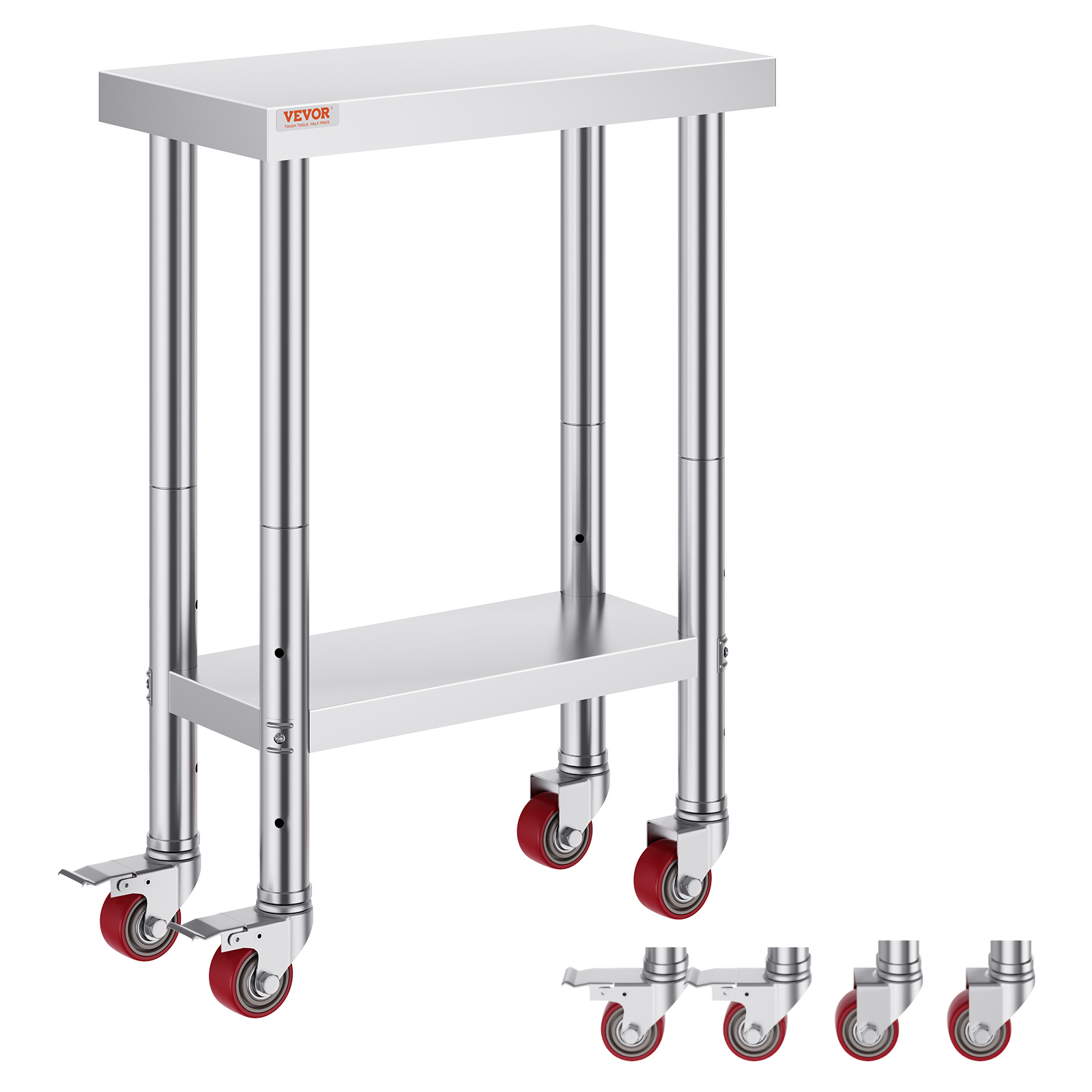 Vevor Stainless Steel Catering Work Table 12x24 Inch Commercial Work Table With 4 Wheels Commercial Food Prep Workbench With Flexible Adjustment Shelf For Kitchen Prep Table