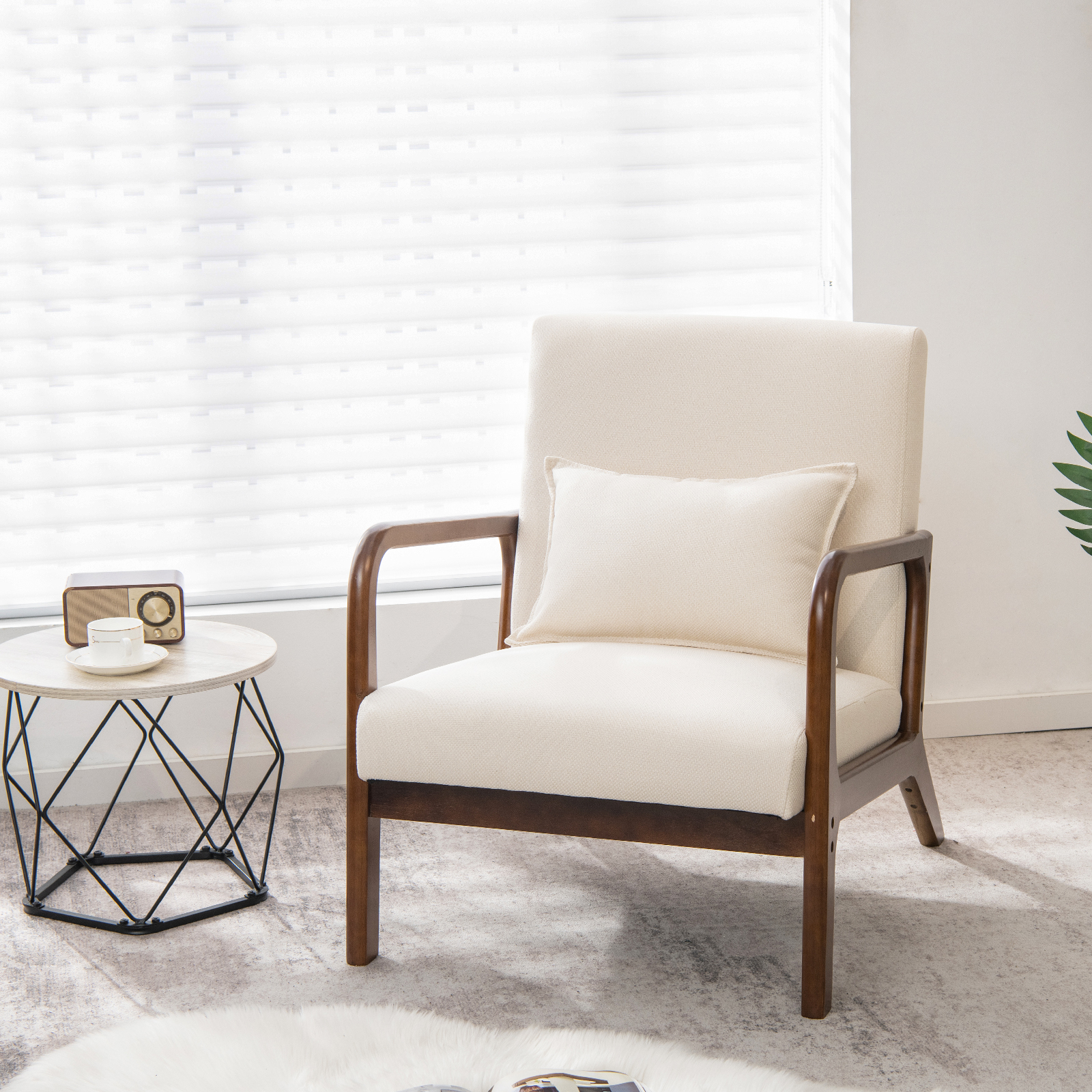 Image of Modern Accent Chair With Rubber Wood Frame, Leisure Chair With Lumbar Pillow, Anti-slip Felt Pads, Fabric Upholstered Reading Armchair For Living Room, Bedroom, Sunroom, Beige