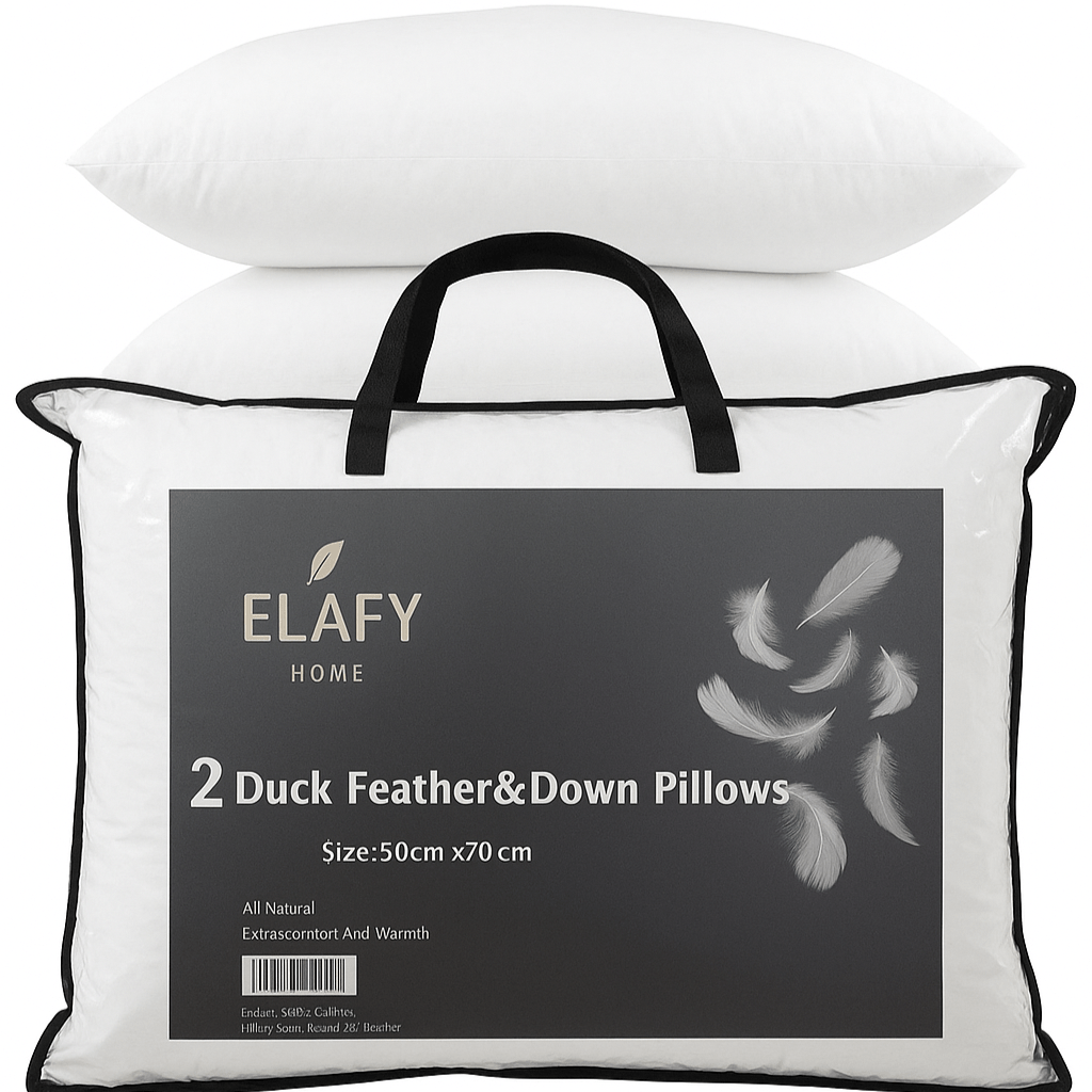 ELAFY Feather & Down Pillow Luxury Hotel Quality Duck Feather & Down Pillows Cover 100% Microfiber Extra Filled for Deep Sleep Comfort PACK of 1, 2 Size 48x74cm