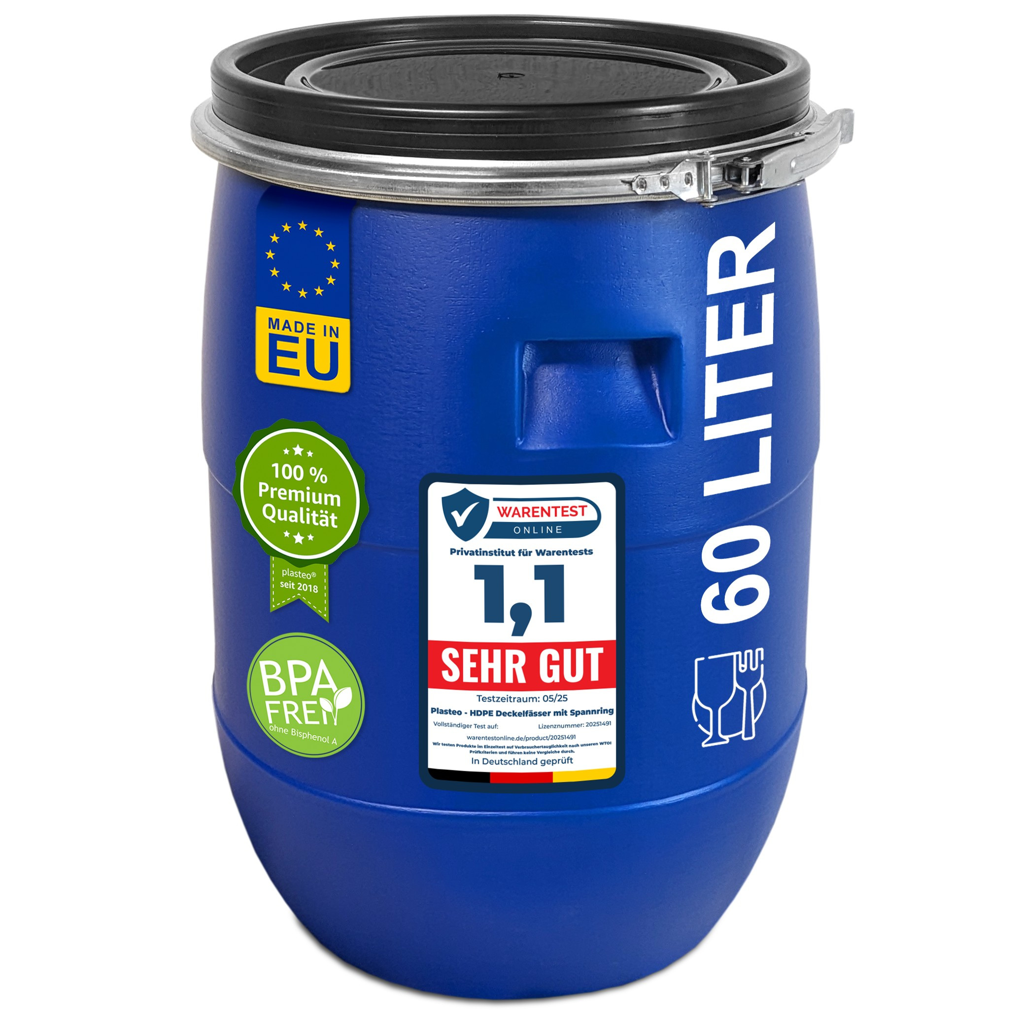 TEMU Plasteo® 60 Liter Bucket With Lid And Clamping Ring, Feeding Trough, Plastic Bucket, Universal Bucket, Lid Bucket, Food-grade Water Bucket, Rain