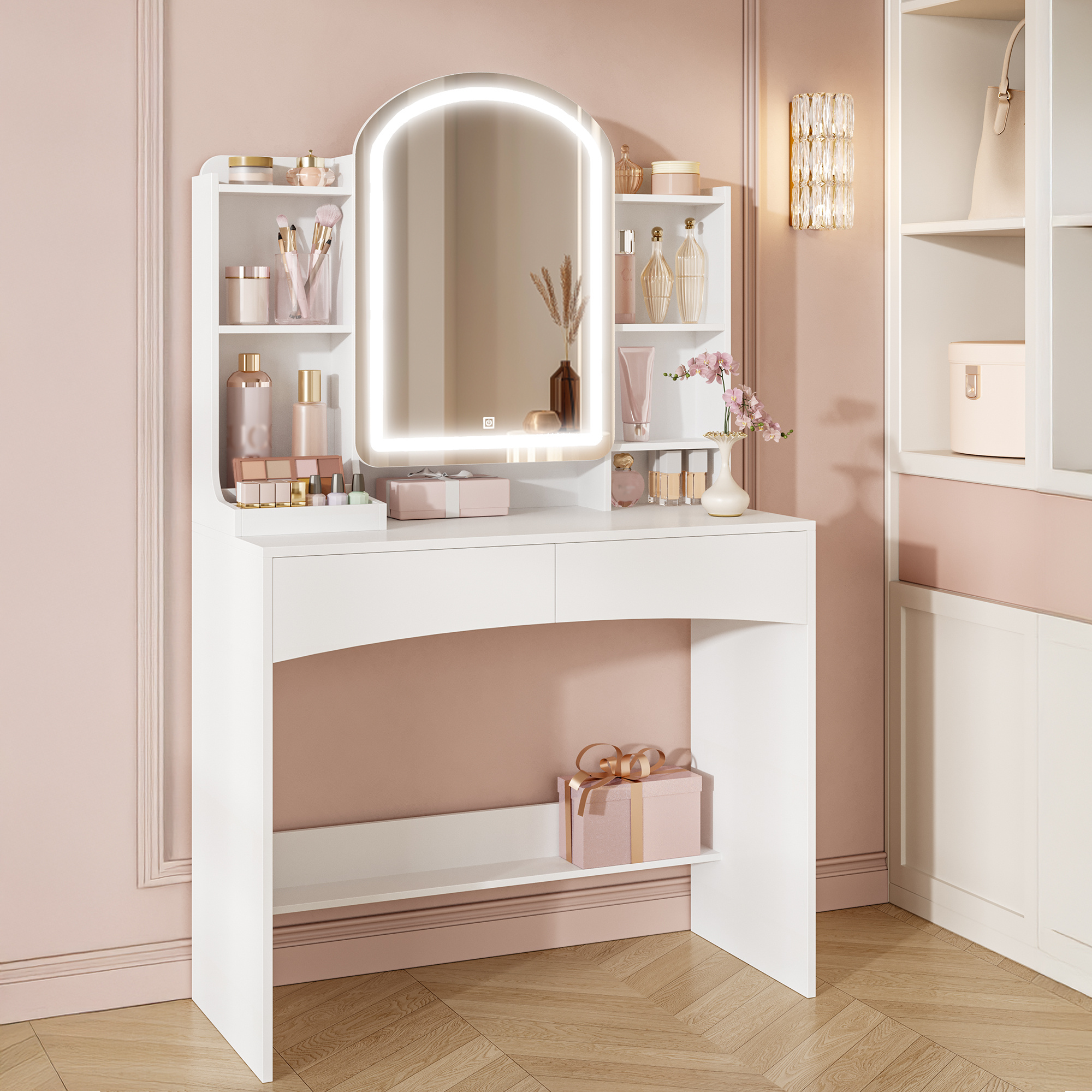Makeup Table With Led Lighting, Large 90cm Tabletop, Makeup Table With Curved Round Mirror, Hidden Jewelry Storage , 3 Colors, White