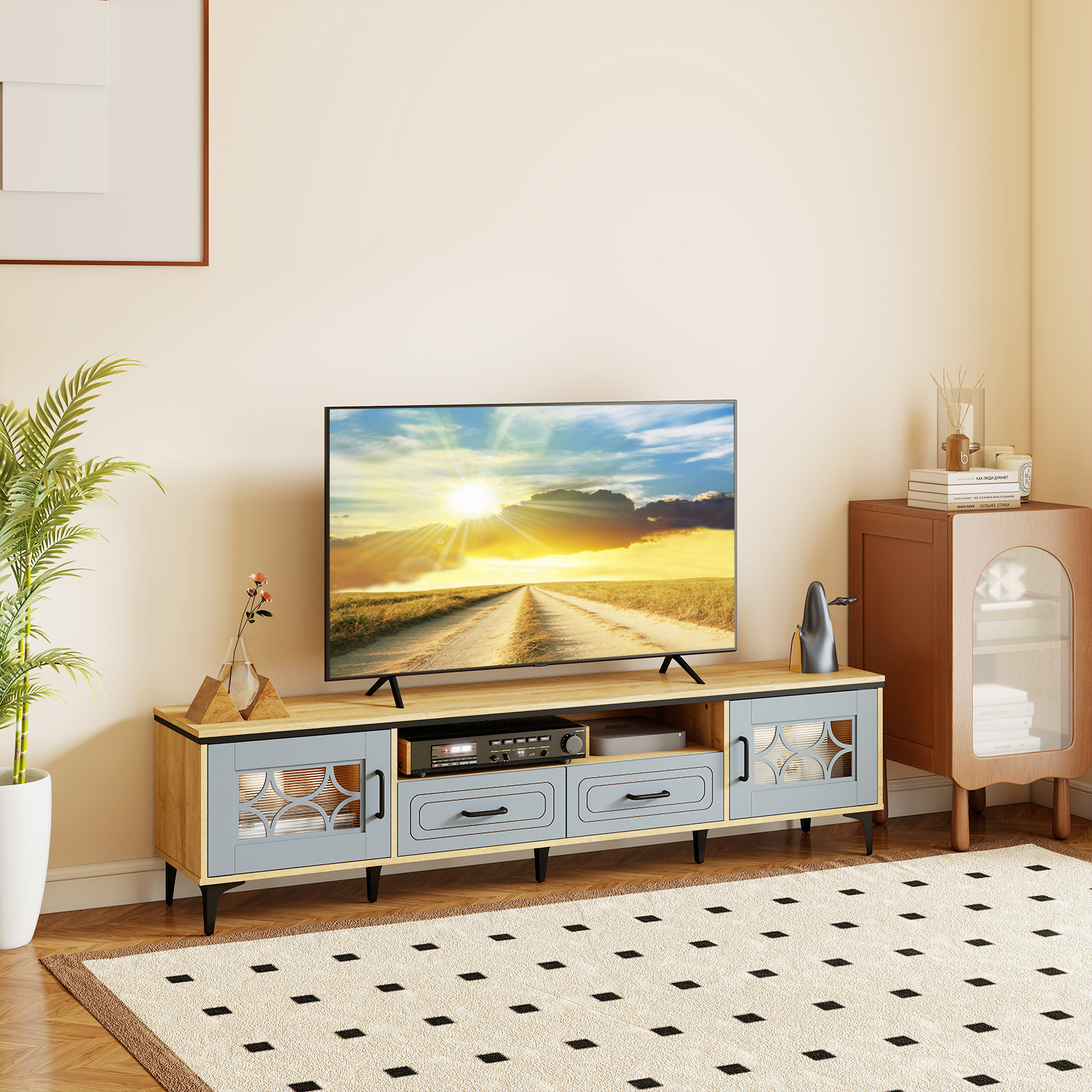 Image of Farmhouse Tv Stand For Tvs Up To 80", 71" Entertainment Center With 2 Drawers, 2 Cabinets & Compartment, Wooden Tv Cabinet With 7 Raised Metal Legs, Media Table For Living Room