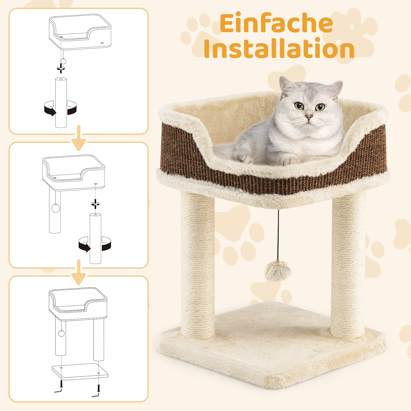 Cat Tower, Small Cat Tree With Plush Hanger, 2 Sisal Scratch Poles, Suspended Ball , Indoor Cat Activity Center