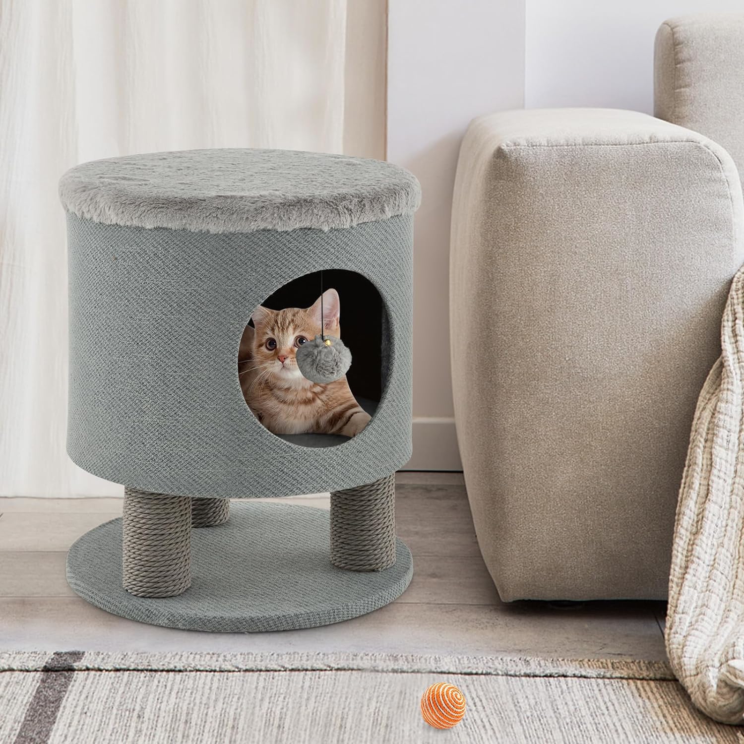 Image of Scratch Tree With Cat Cave, Cat House With Plush Reclining, Modern Footstool With