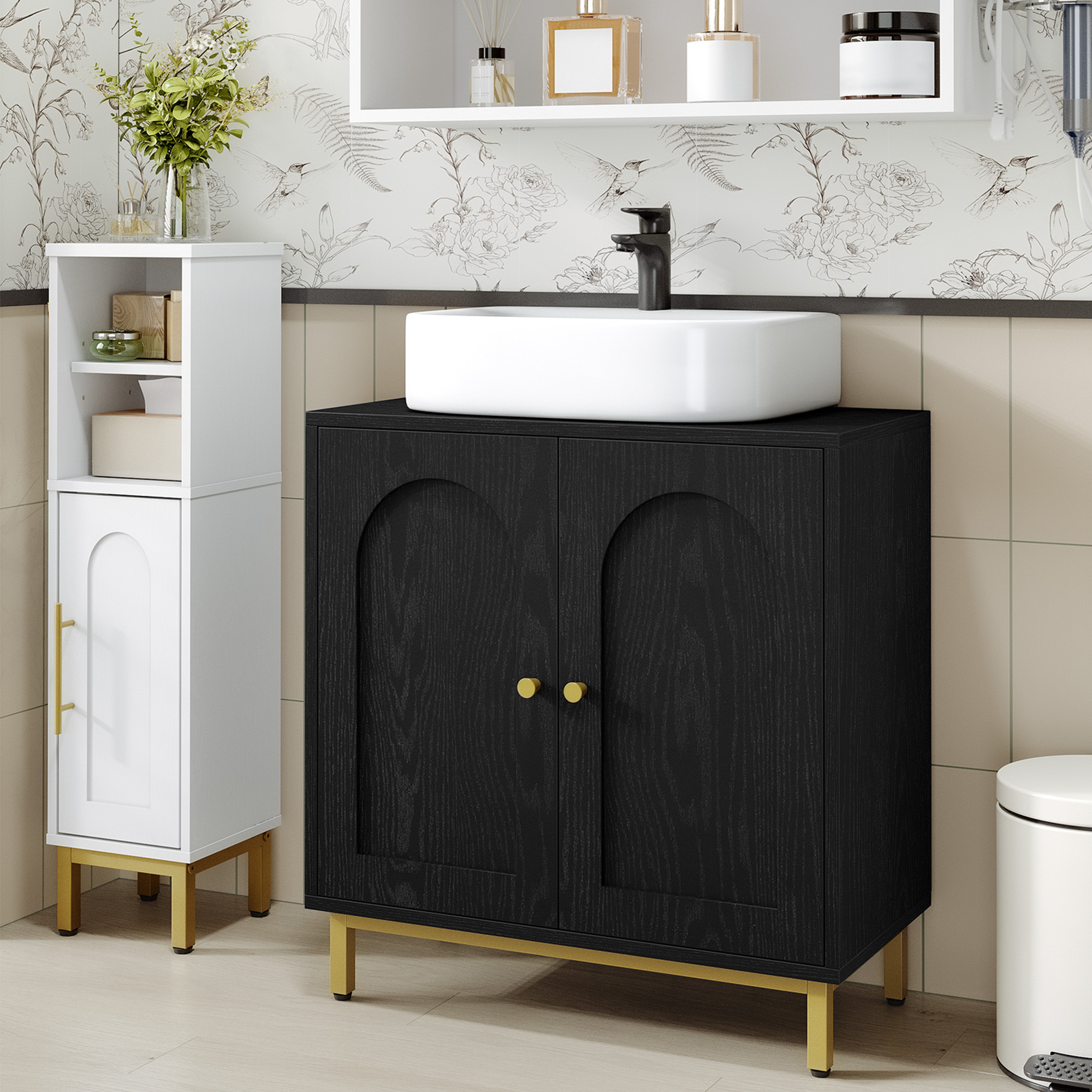 Sink Cabinet, Base Cabinet, Washbasin Cabinet, Bathroom Cabinet With 2 Doors, Adjustable Shelf, Of Storage Space, Freestanding, Country House Style, 30 X 60 Cm, Black.