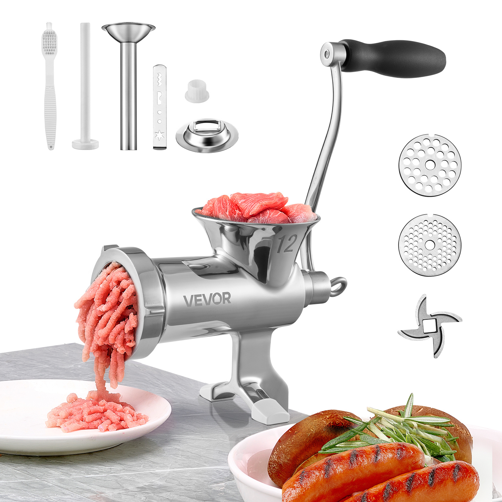 Vevor Manual Meat Grinder, 304 Stainless Meat Grinder With Steel Table Clamp, Meat Mincer Sausage Maker & 2 Cutting Plates, Cookie Attachment, Sausage Tube For Beef Pepper Mushroom Cookie