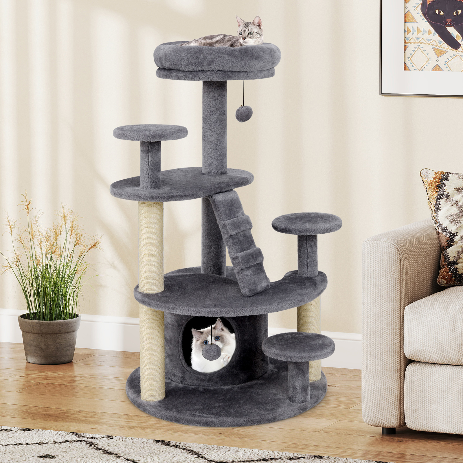 Cat Tree, Animal Activity Center With Plush Surface, Jute Pole, Stair, Suspended Ball, Platform