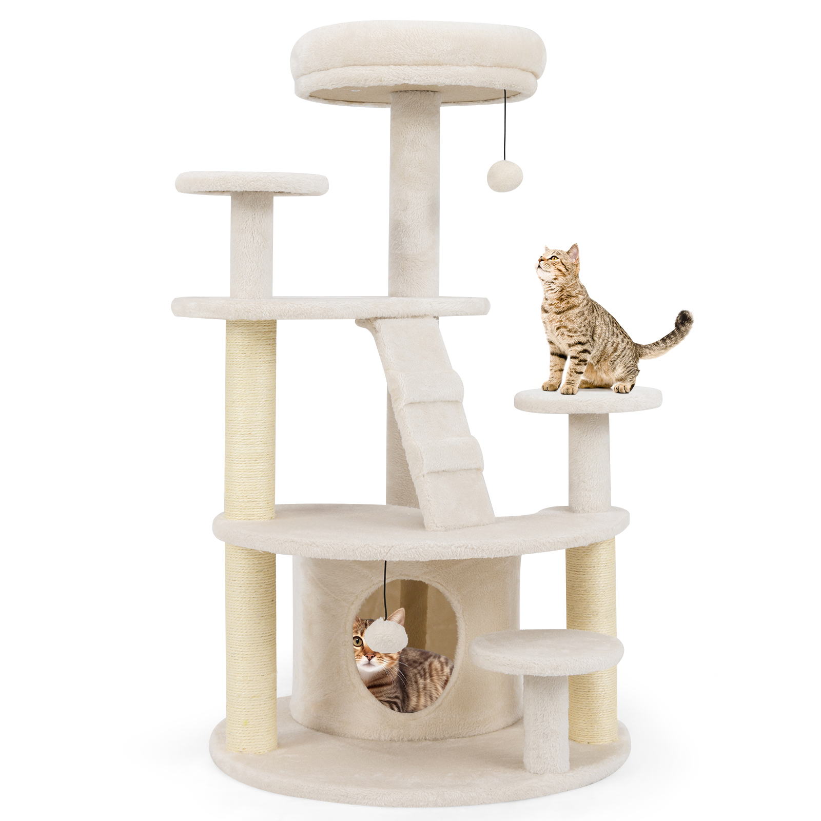 Arbre à chat, centre d'activités pour animaux avec surface en peluche, poteau en jute, escalier, balle suspendue, plateforme