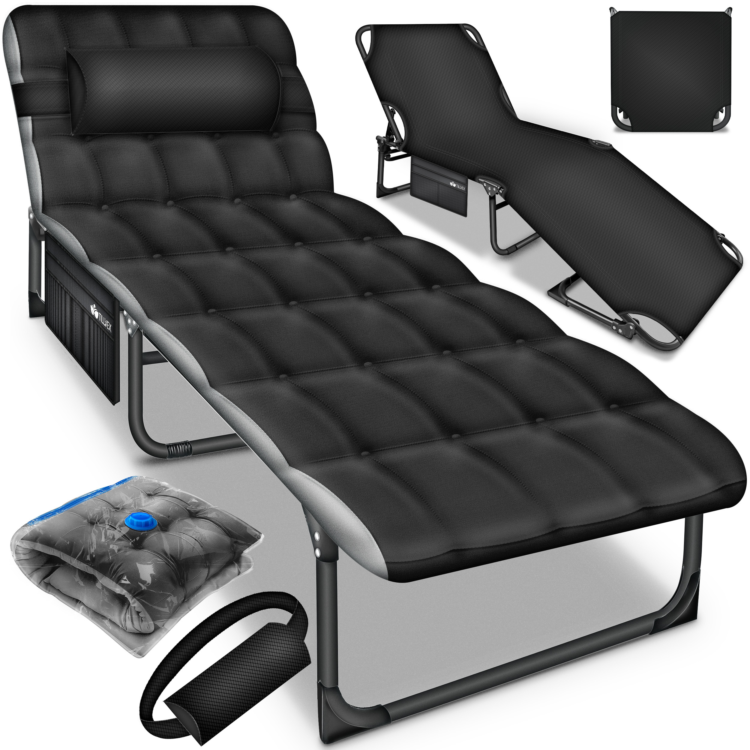 TEMU Tillvex® Foldable Camping Bed 190 Cm With Neck Pillow & Side Pocket Up To 280 Kg Camping Lounger Sun Lounger Extra Wide With Padding Field Bed