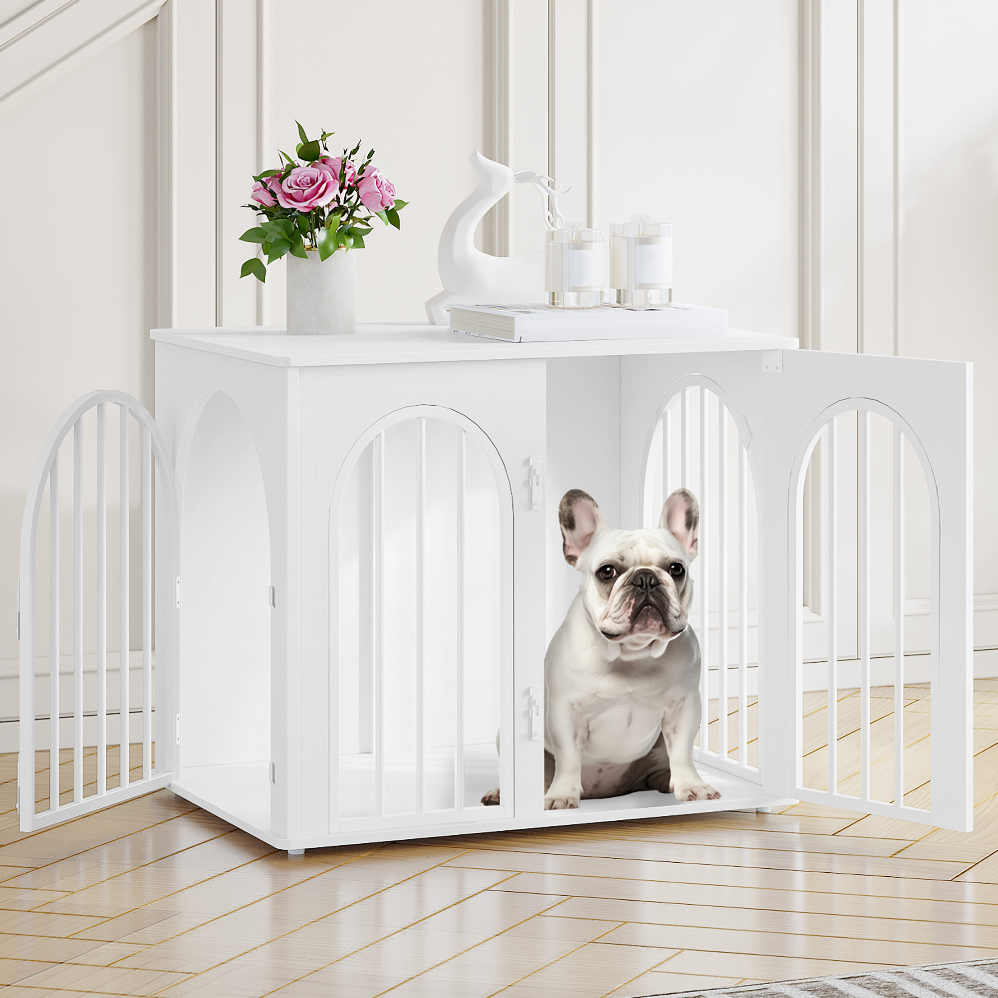 E-shop Hundekäfig Möbel, 68cm Hundebox für Zuhause, 3 Türen, Bogentür, Moderne Hundebox Indoor für Hunde, Beistelltisch, Hundekäfig Hochbelastbar, 48 x