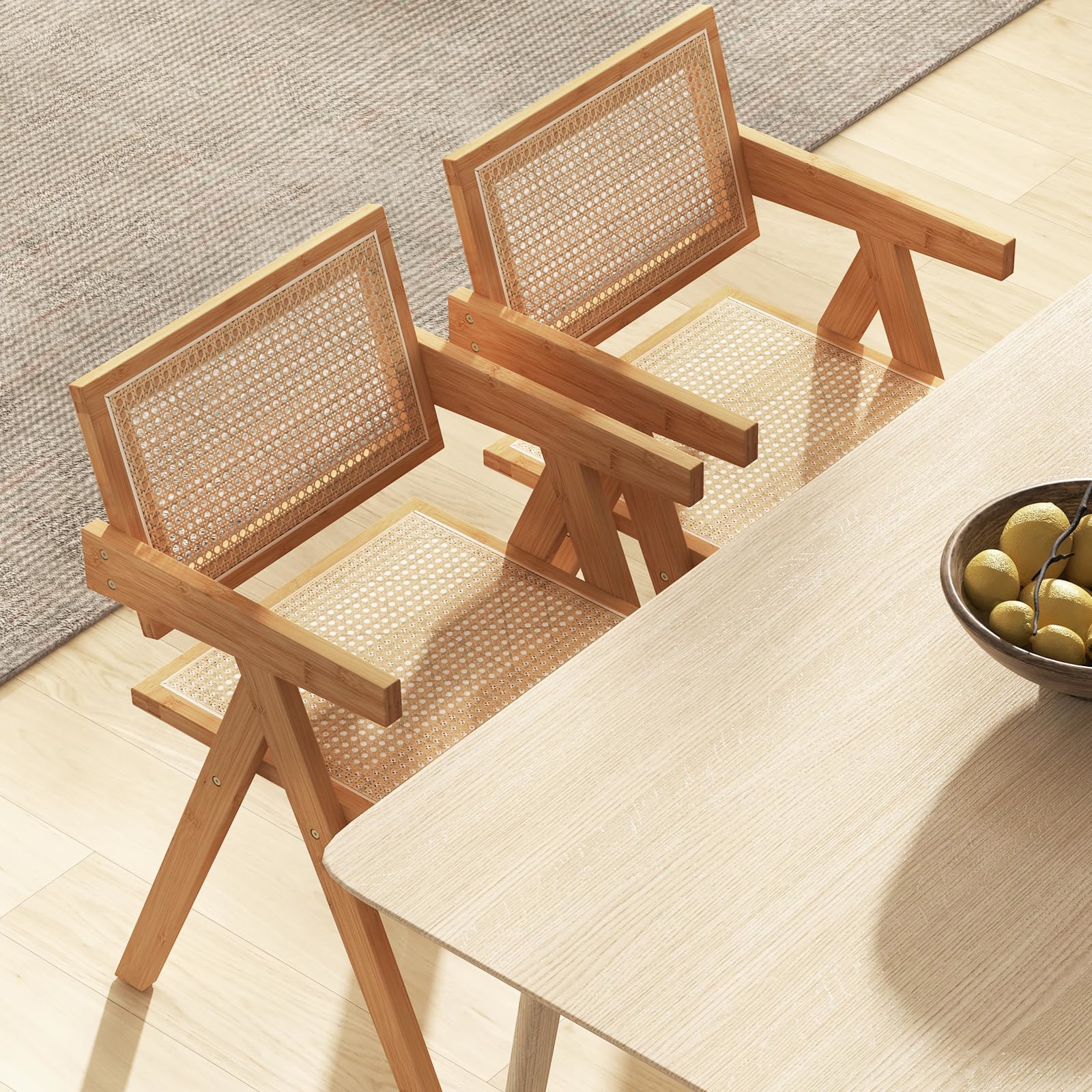Image of Rattan Accent Chairs Set Of 2, Mid Century Modern Dining Chairs With Natural Bamboo Frame, Imitated Cane Backrest & Armrests, Rattan Armchairs For Kitchen, Dining Room, Living Room, Natural