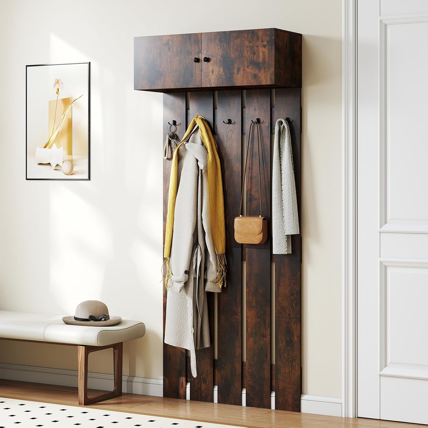 Image of Entryway Wall Coat Rack, Wall Mounted Coat Clothes Rack W/ 5 Double Hooks And 2-door Cabinet, Space- Wall Mounted For Hallway Bedroom Bathroom Kitchen