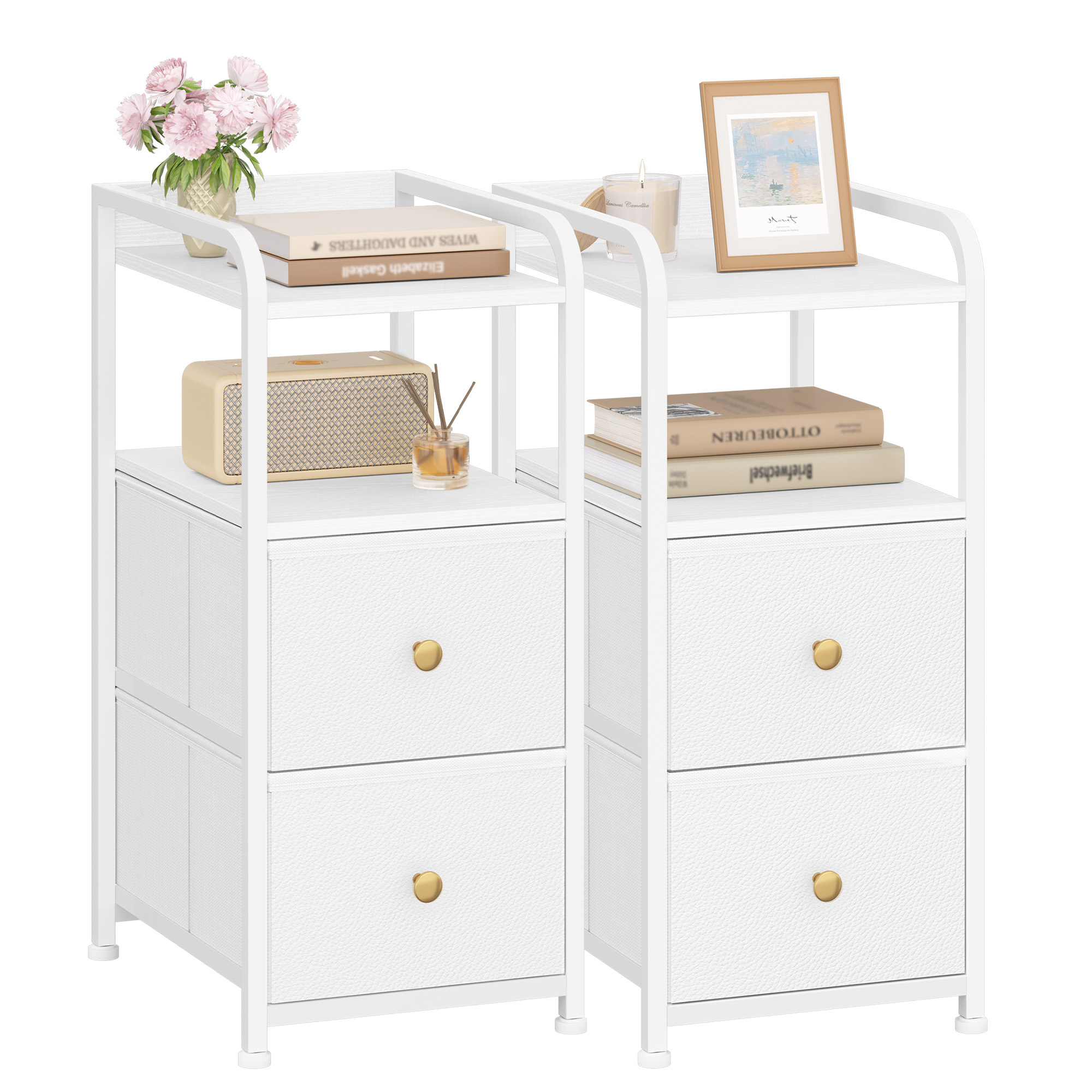 Nightstand 2pcs Set, Narrow Bedside Table With 2 Drawers, Narrow Nightstands With Open Shelf, Space-, Nightstand For Bedroom, Living Room, 35 X 27 X 60 Cm, White
